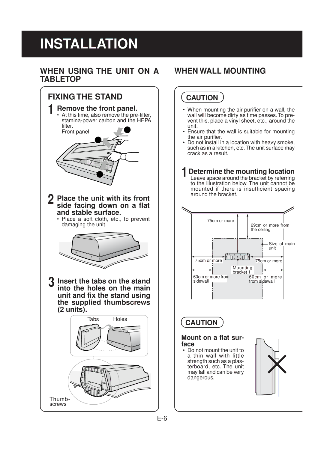 Sharp FU-40SE-K operation manual Installation, When Using the Unit on a Tabletop Fixing the Stand, When Wall Mounting 