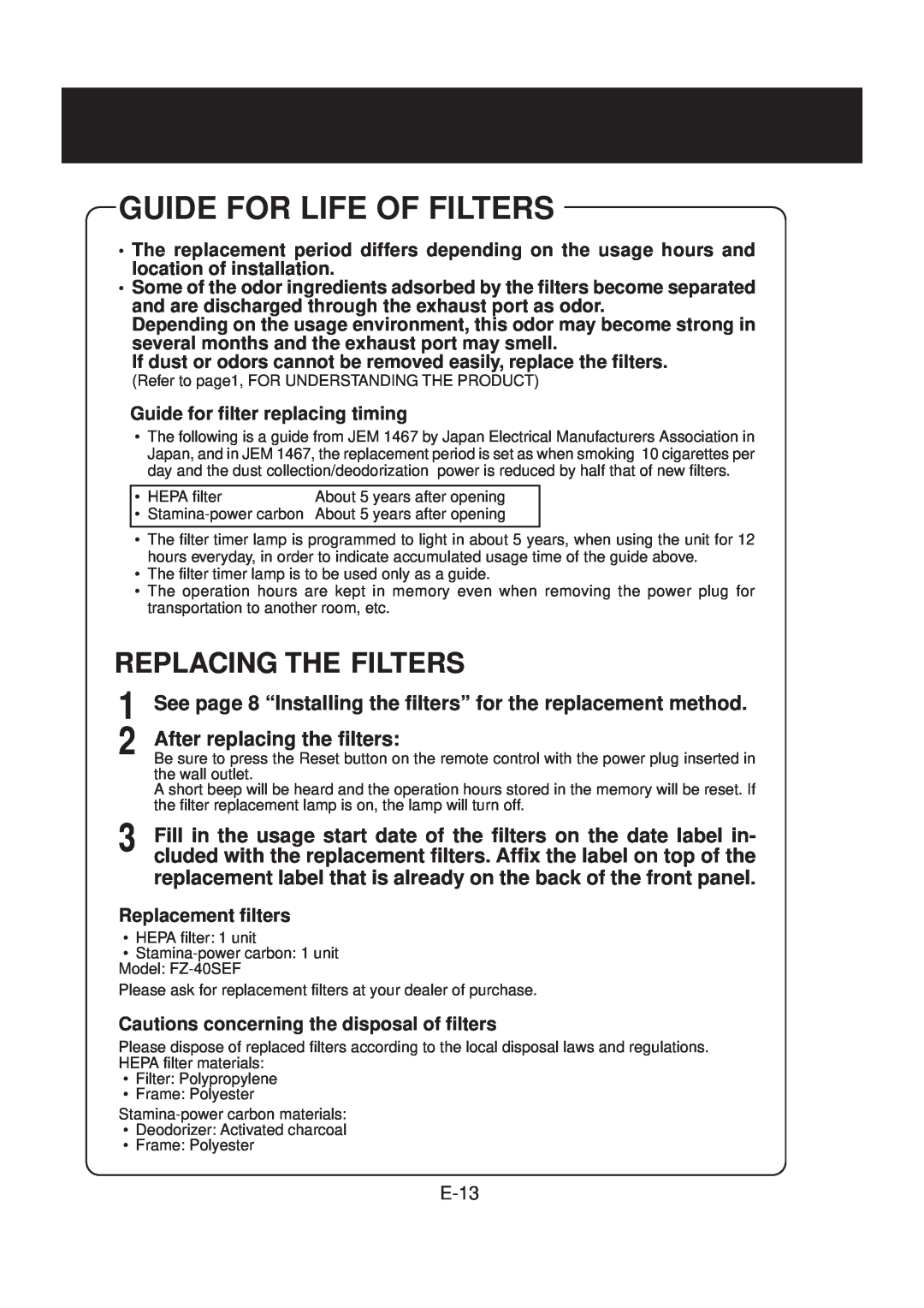 Sharp FU-40SE-K operation manual Guide For Life Of Filters, Replacing The Filters, After replacing the filters 