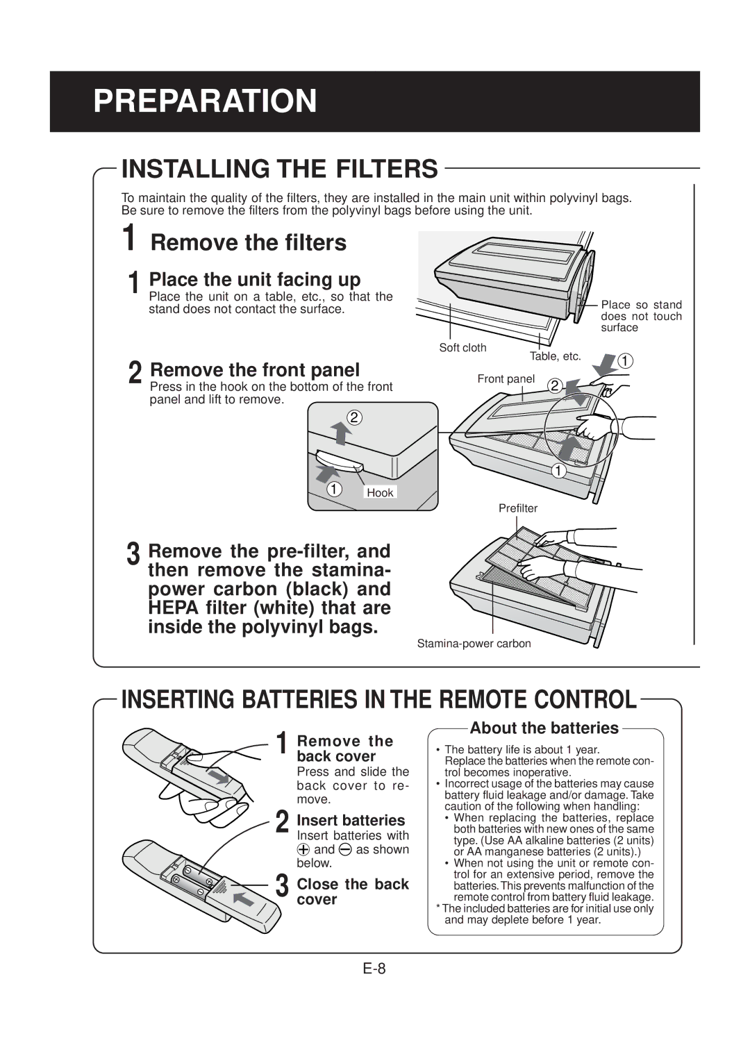 Sharp FU-40SE Preparation, Installing the Filters, Inserting Batteries in the Remote Control, About the batteries 