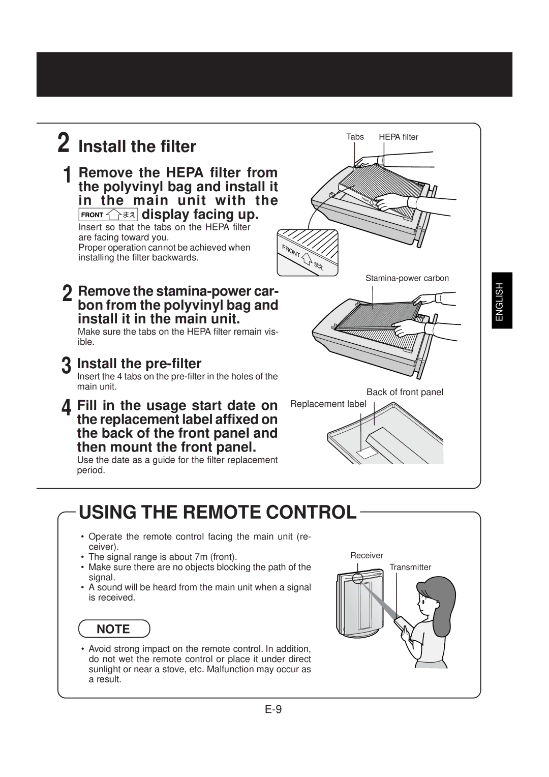 Sharp FU-40SE operation manual Install the filter, Back of the front panel and then mount the front panel 