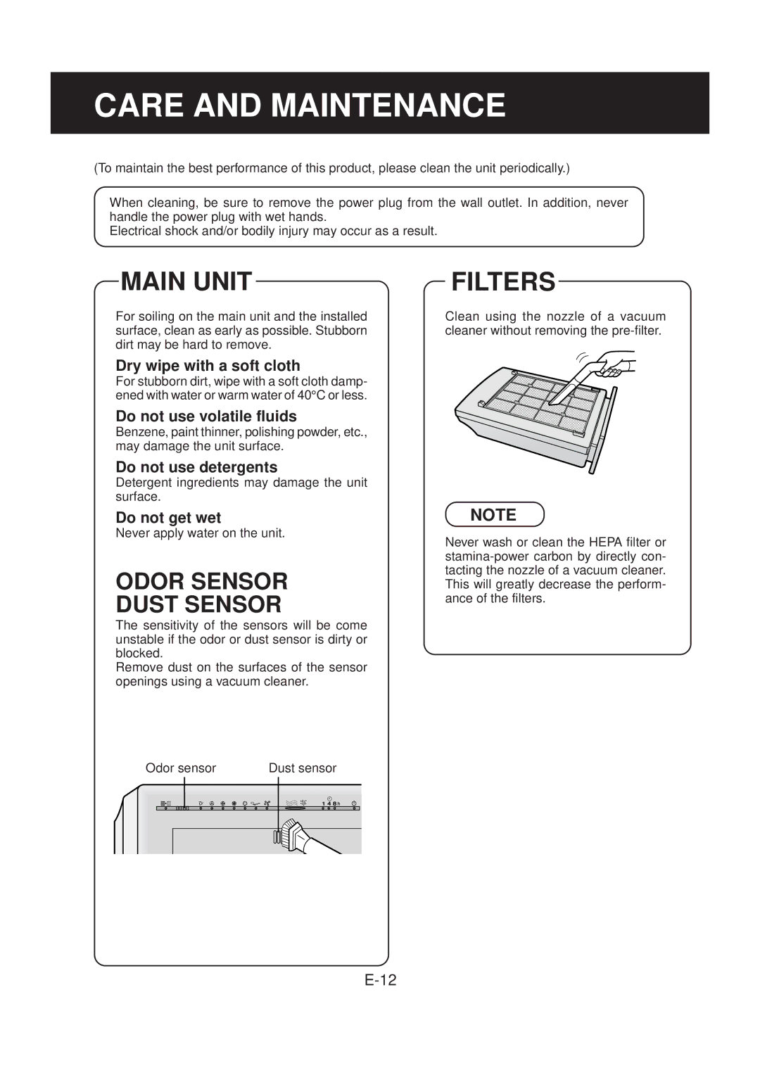 Sharp FU-40SE operation manual Care and Maintenance, Main Unit, Odor Sensor Dust Sensor 