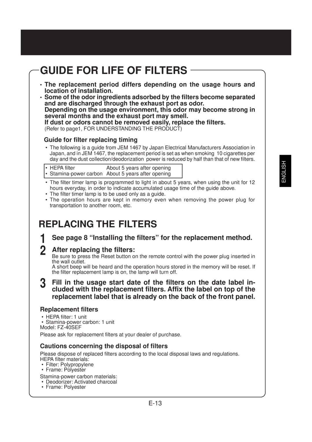 Sharp FU-40SE operation manual Guide for Life of Filters, Replacing the Filters, After replacing the filters 