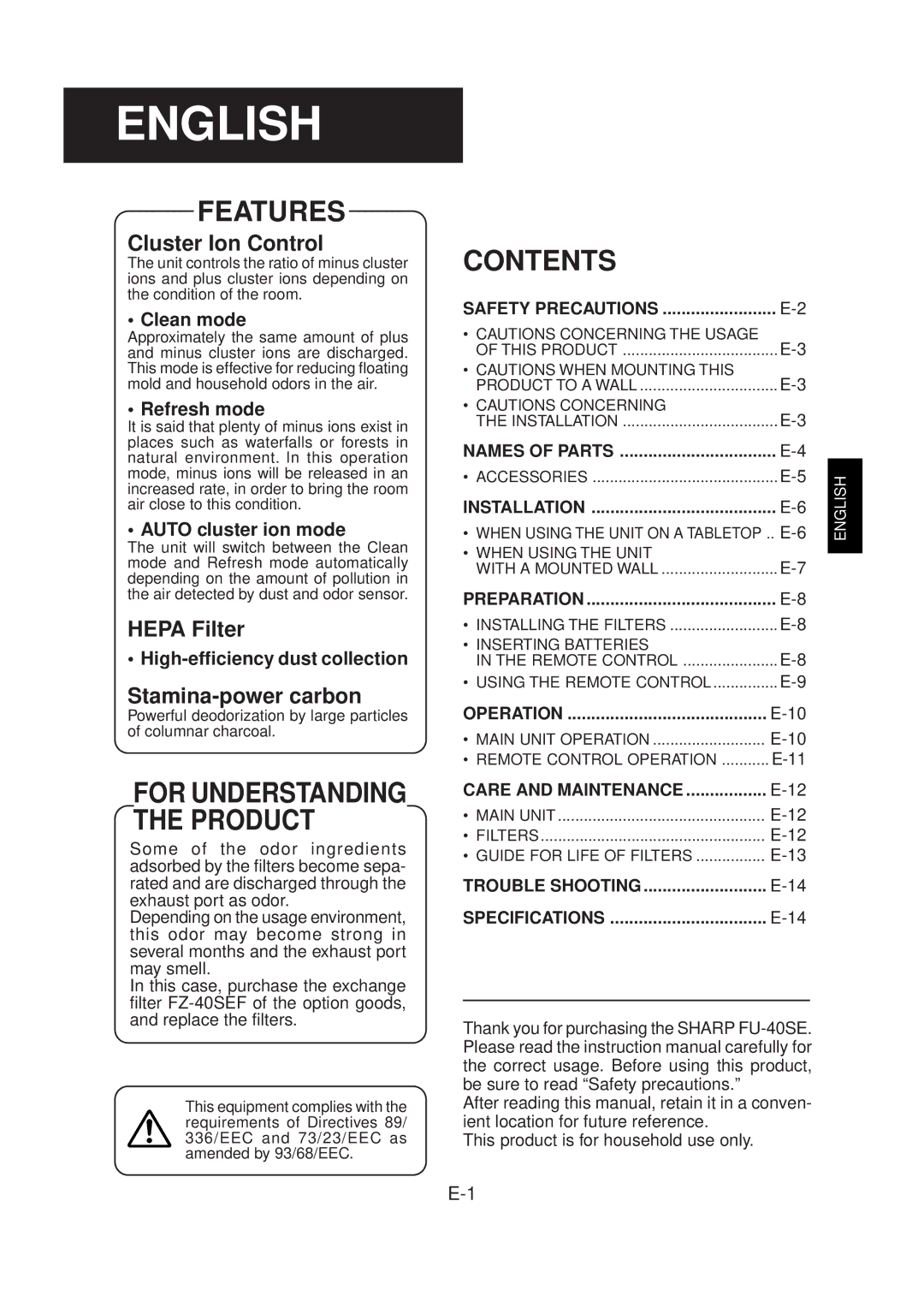 Sharp FU-40SE operation manual Features, Contents 