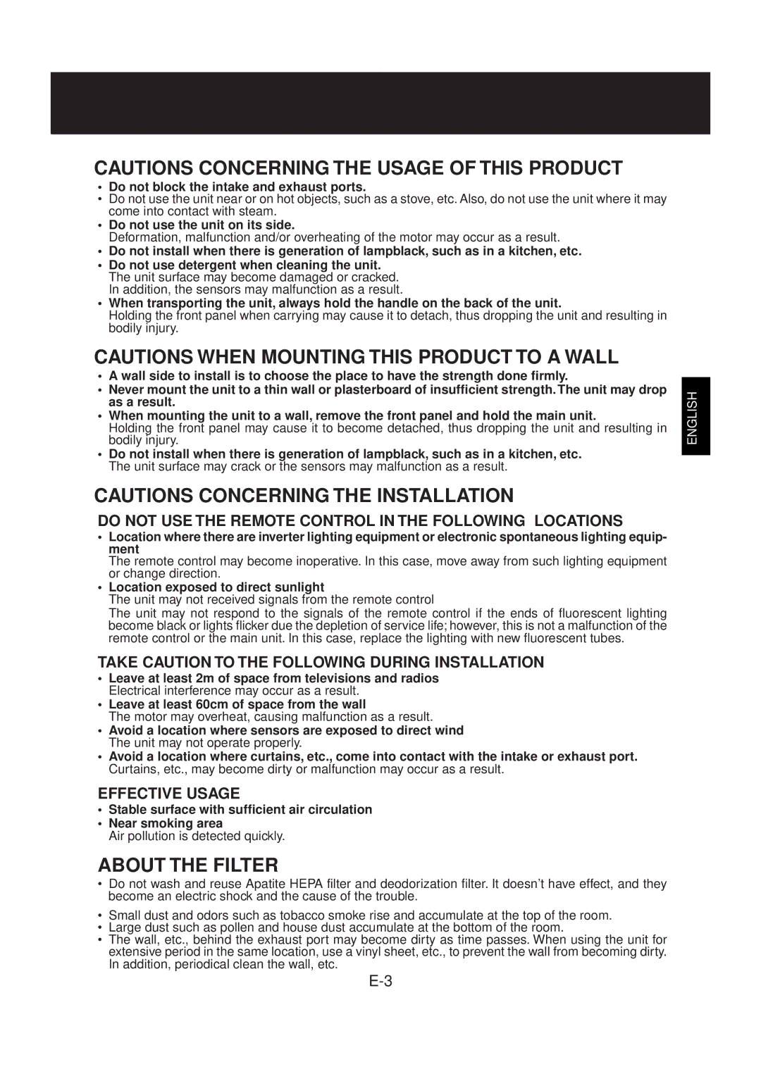 Sharp FU-40SE operation manual About the Filter, Do not USE the Remote Control in the Following Locations, Effective Usage 