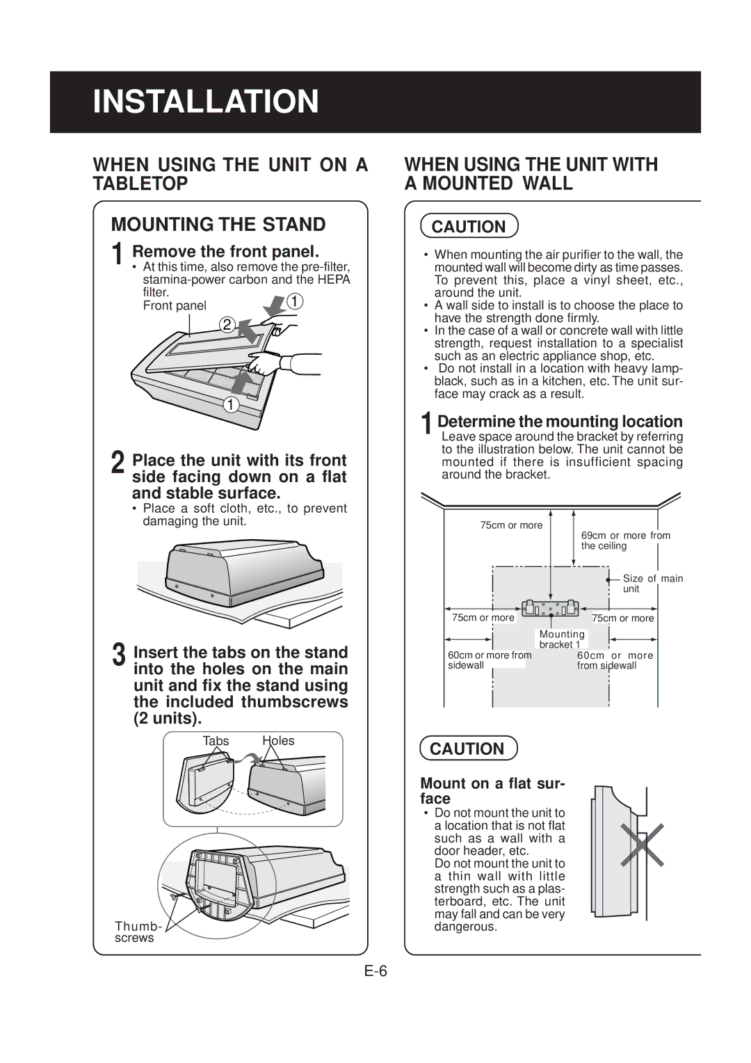 Sharp FU-40SE Installation, When Using the Unit on a Tabletop Mounting the Stand, When Using the Unit with a Mounted Wall 