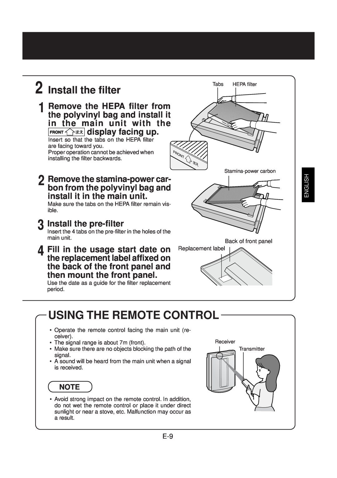 Sharp FU-40SE operation manual Install the filter, English 