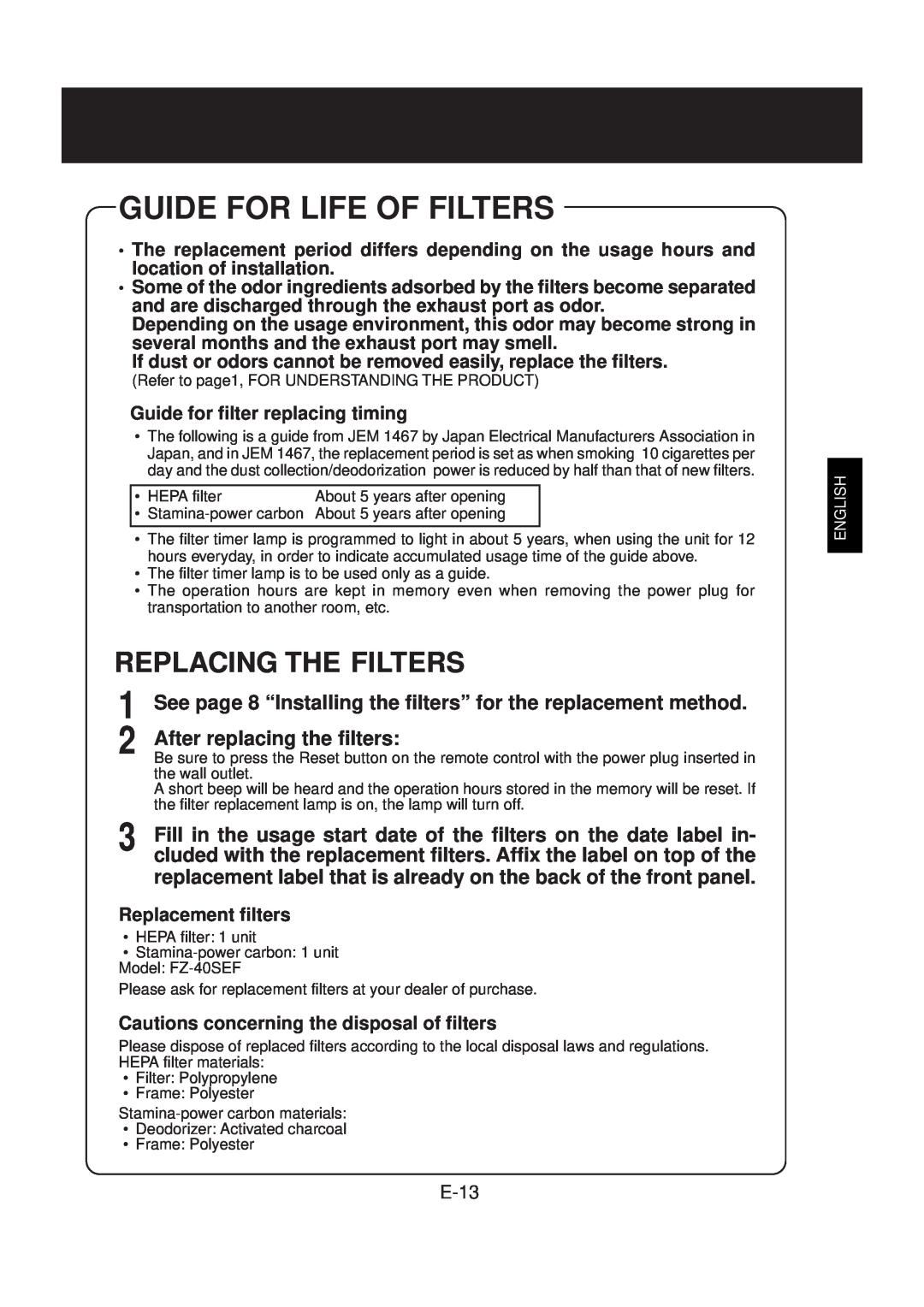 Sharp FU-40SE operation manual Guide For Life Of Filters, Replacing The Filters 