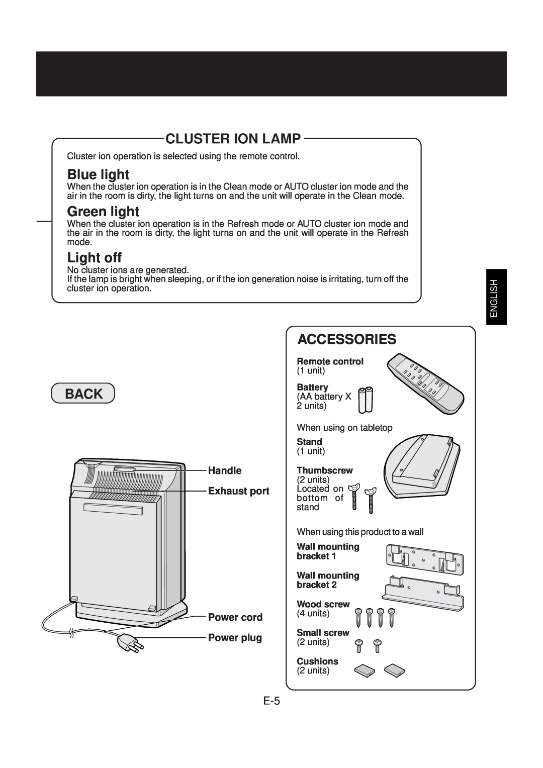 Sharp FU-40SE operation manual Cluster Ion Lamp, Blue light, Green light, Light off, Back, Accessories, English 