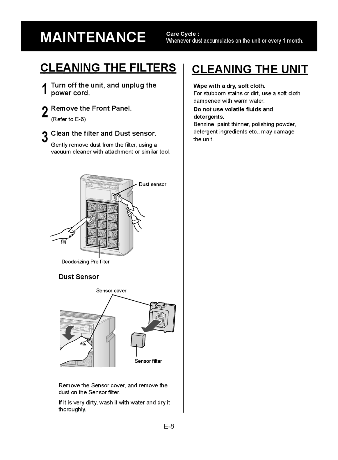 Sharp FU-A80J operation manual Maintenance Care Cycle, Dust Sensor 