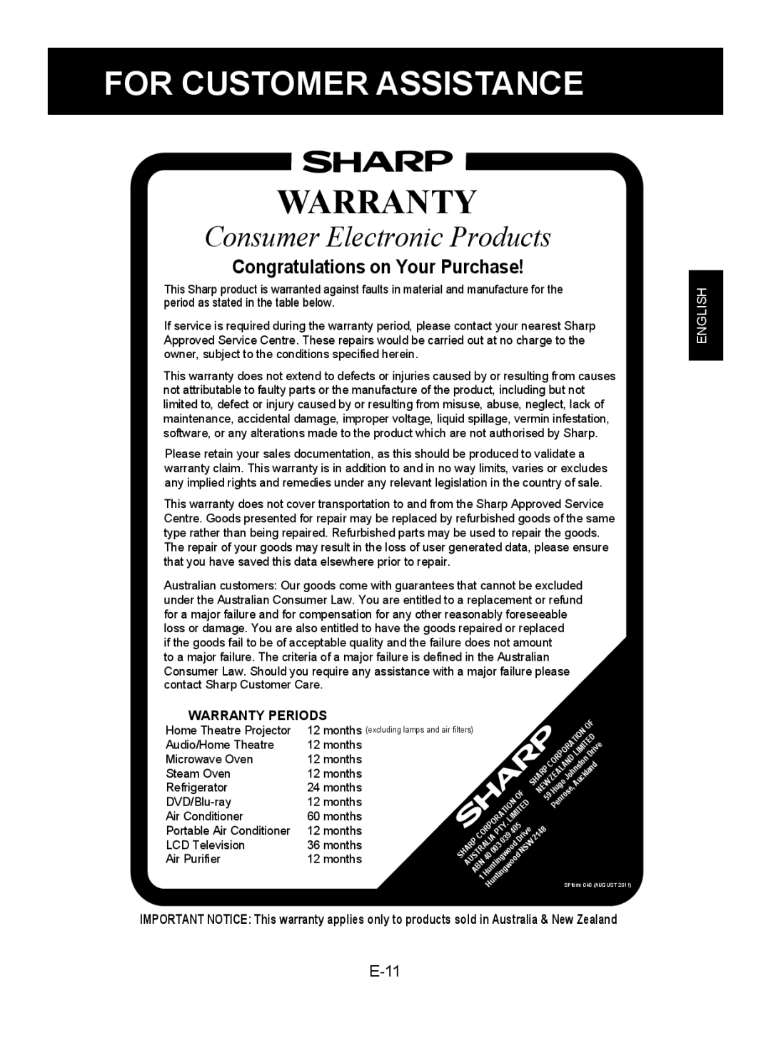 Sharp FU-A80J operation manual Warranty, For Customer Assistance 