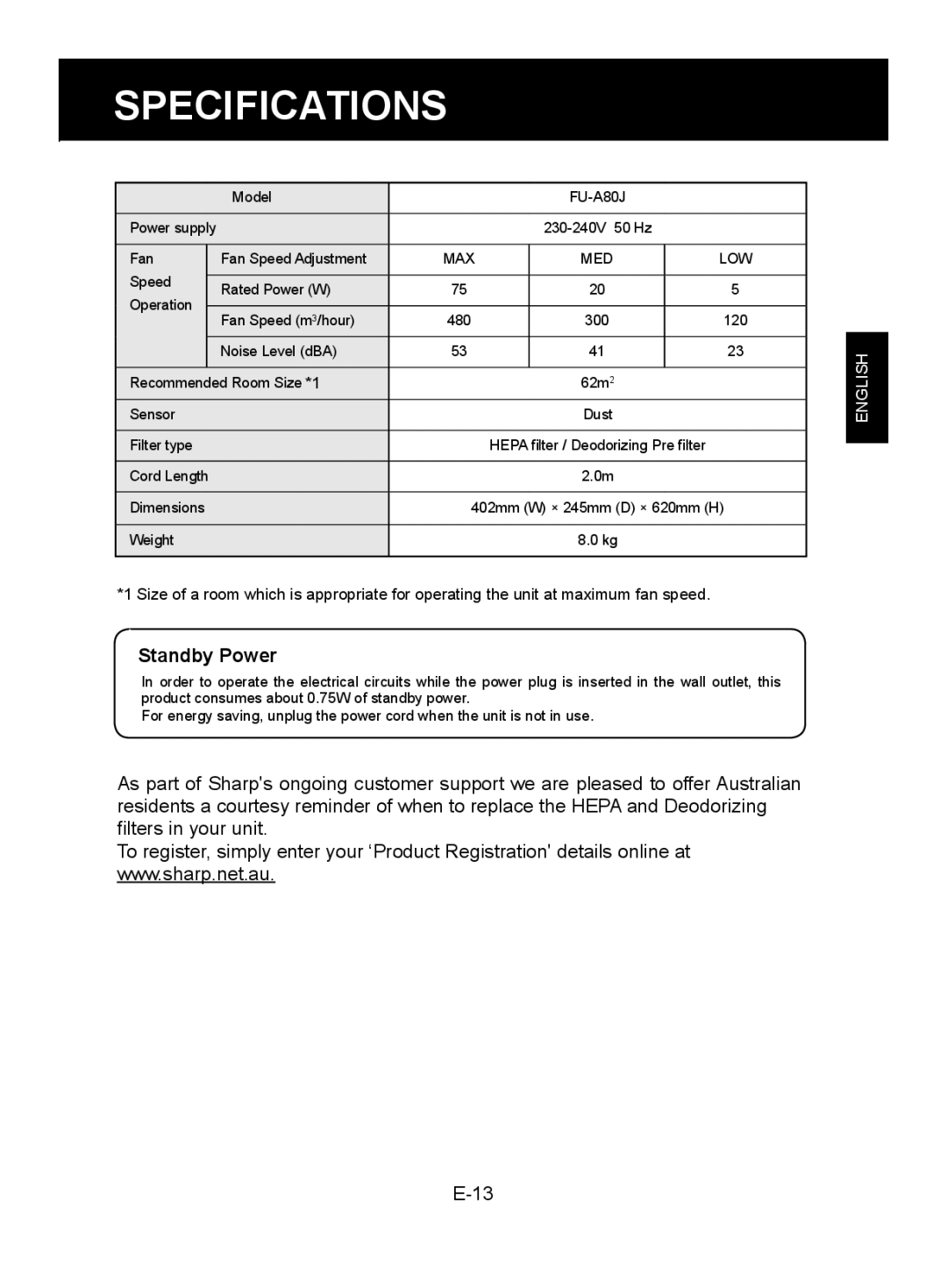 Sharp FU-A80J operation manual Specifications, Standby Power 