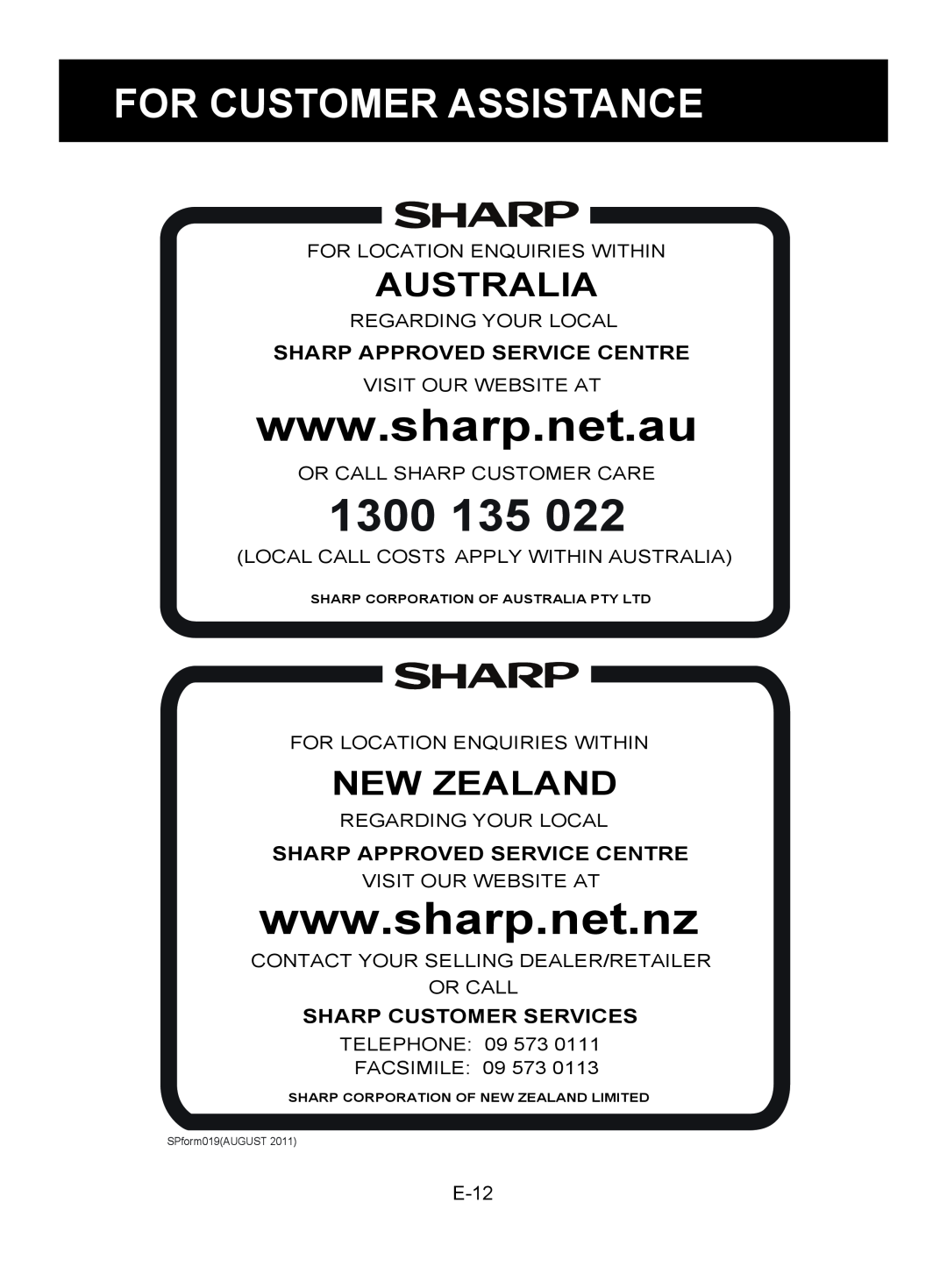 Sharp FU-A80J Sharp Approved Service Centre, Sharp Customer Services, E-12, 1300, For Customer Assistance, Australia 
