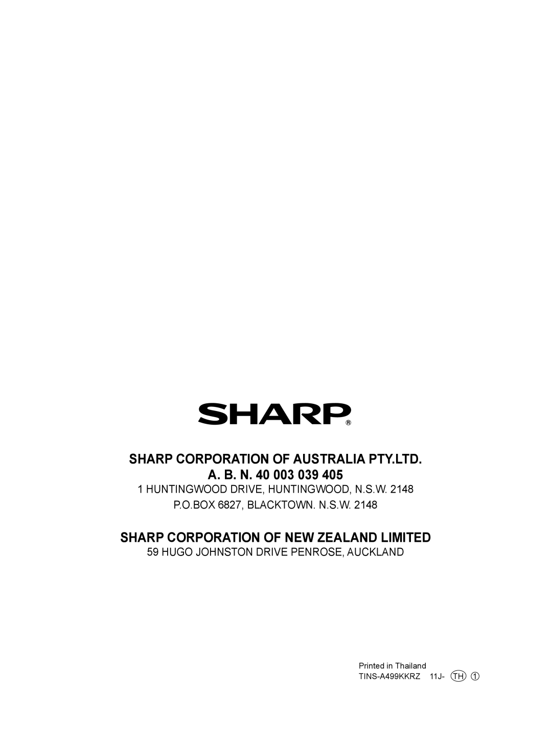 Sharp FU-A80J operation manual A. B. N, Sharp Corporation Of New Zealand Limited, Huntingwood Drive, Huntingwood, N.S.W 