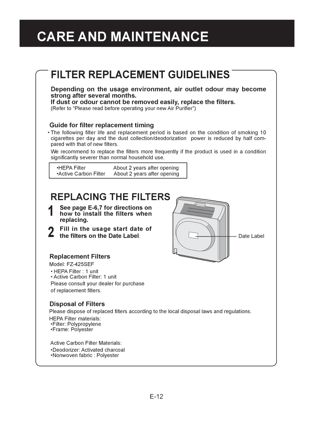 Sharp FU-W28E Filter Replacement Guidelines, Guide for filter replacement timing, Replacement Filters, Disposal of Filters 