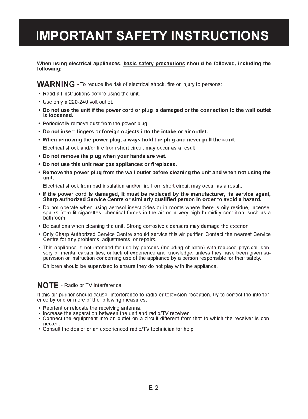 Sharp FU-W28E operation manual Important Safety Instructions 