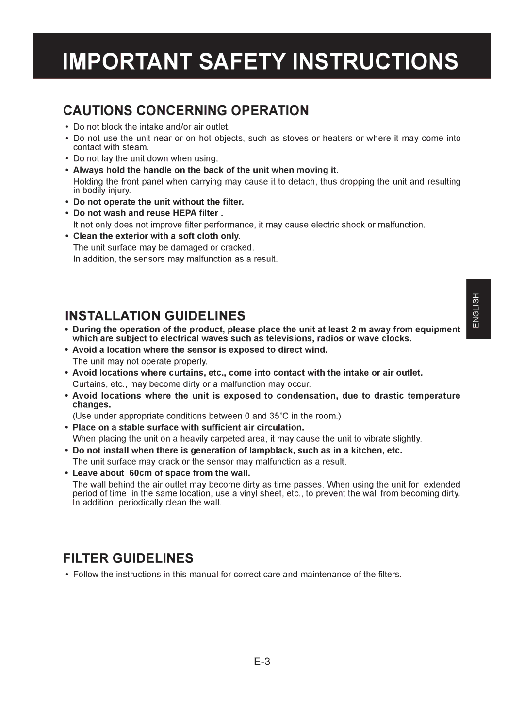 Sharp FU-W28E operation manual Installation Guidelines, Filter Guidelines 