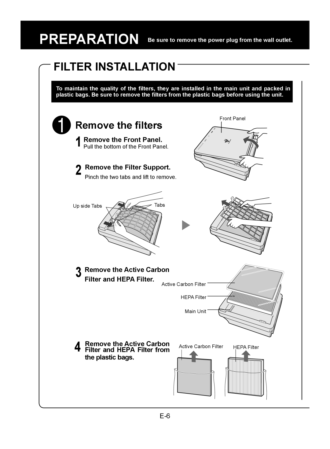 Sharp FU-W28E operation manual Filter Installation, Remove the Active Carbon, Filter and Hepa Filter from, Plastic bags 