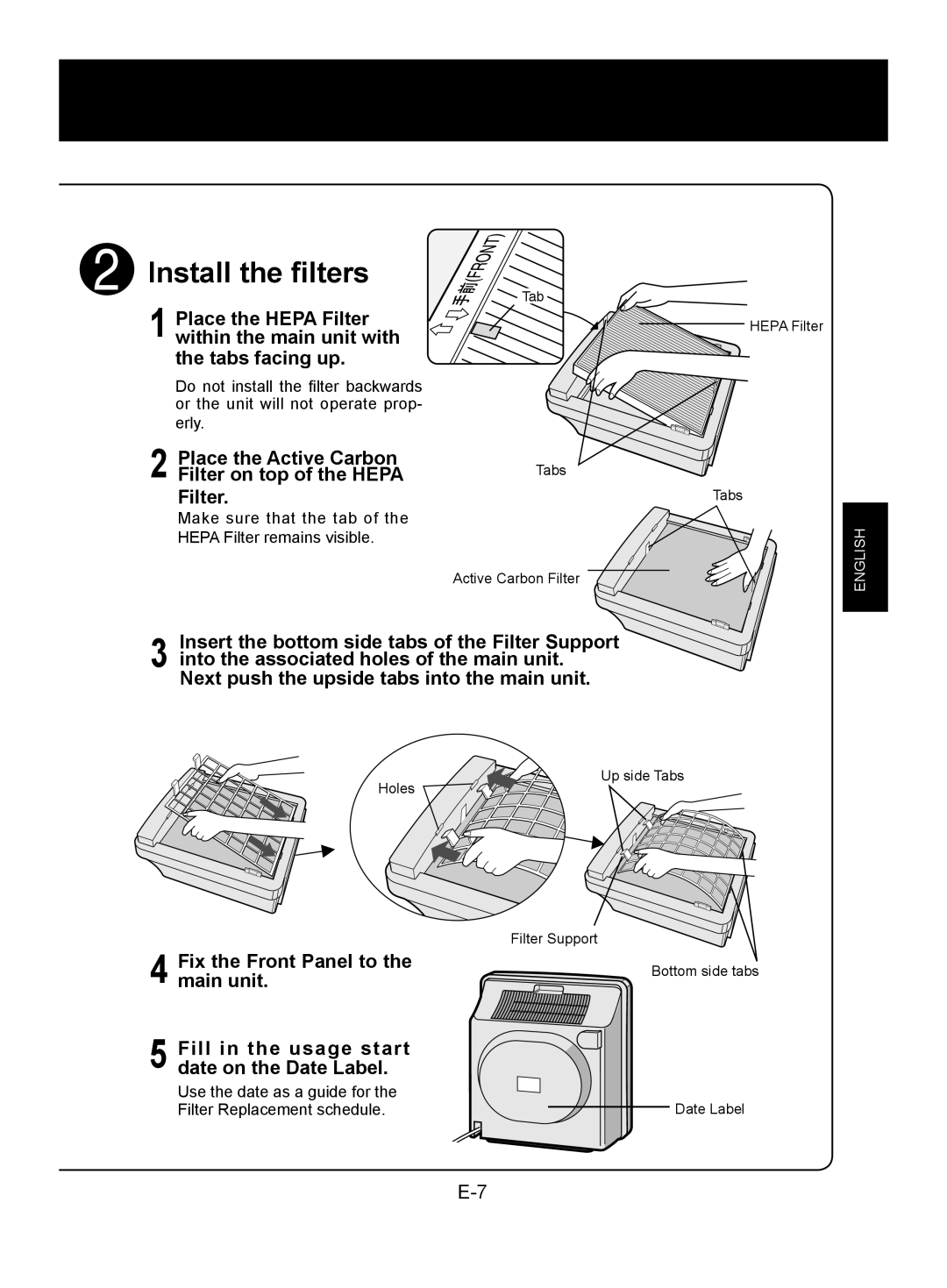 Sharp FU-W28E Place the Active Carbon Filter on top of the Hepa, Fill in the usage start date on the Date Label 