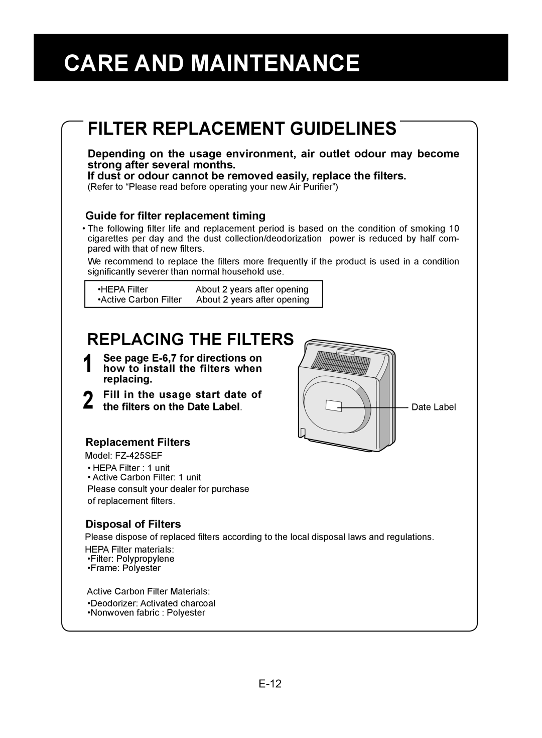 Sharp FU-W28E Filter Replacement Guidelines, Replacing The Filters, Guide for filter replacement timing, E-12, replacing 