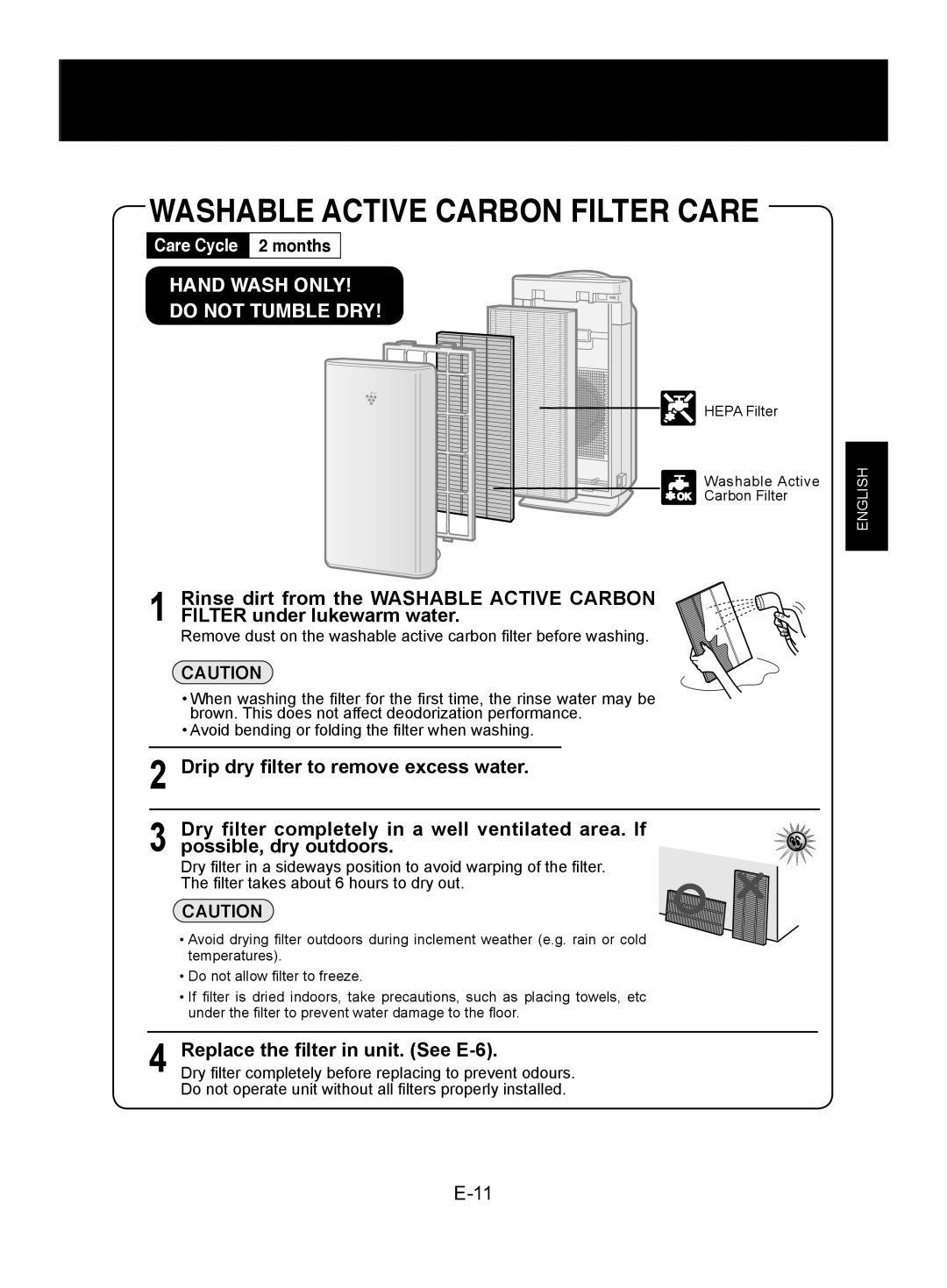 Sharp FU-W53E, FU-W43E operation manual Washable Active Carbon Filter Care, Hand Wash only Do not Tumble DRY 