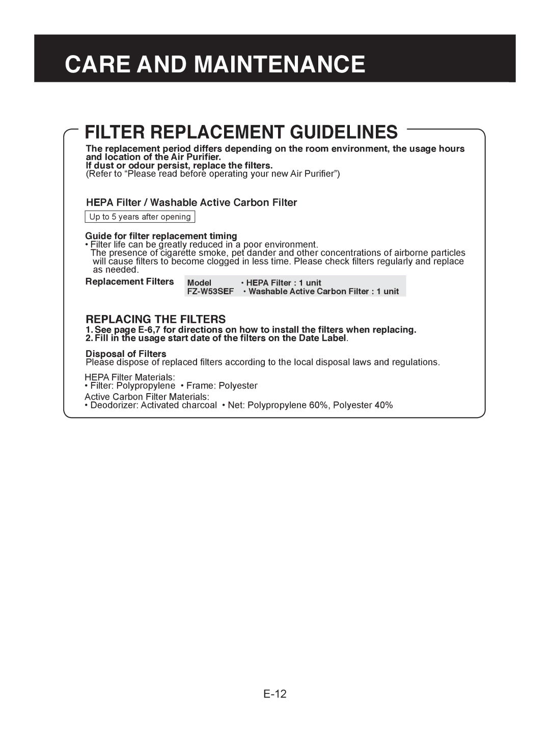 Sharp FU-W43E, FU-W53E operation manual Filter Replacement Guidelines, Hepa Filter / Washable Active Carbon Filter 