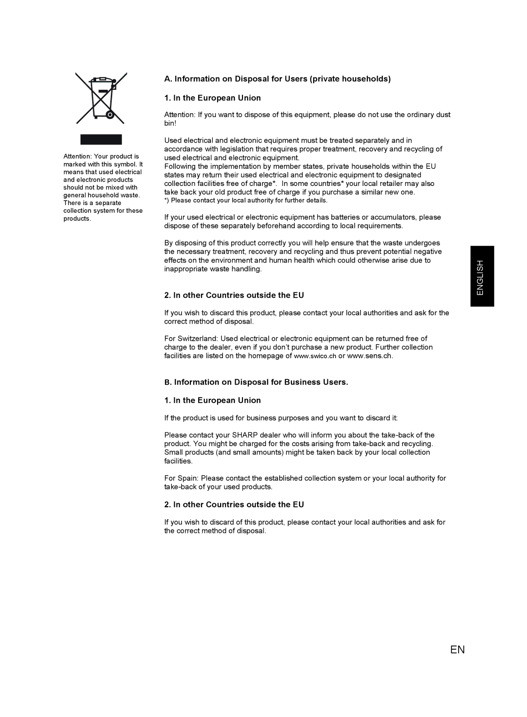 Sharp FU-W53E, FU-W43E operation manual Other Countries outside the EU 