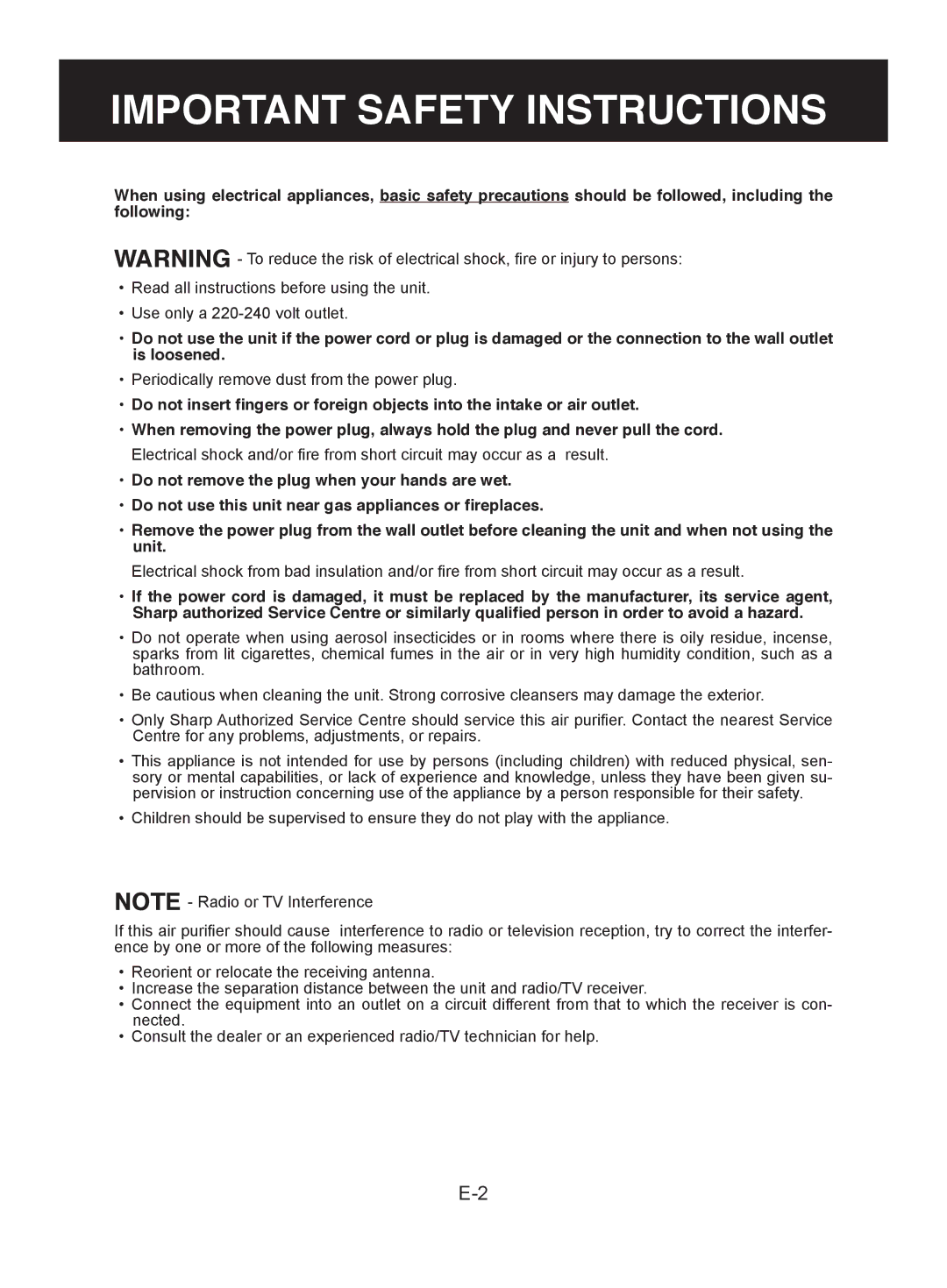 Sharp FU-W43E, FU-W53E operation manual Important Safety Instructions 