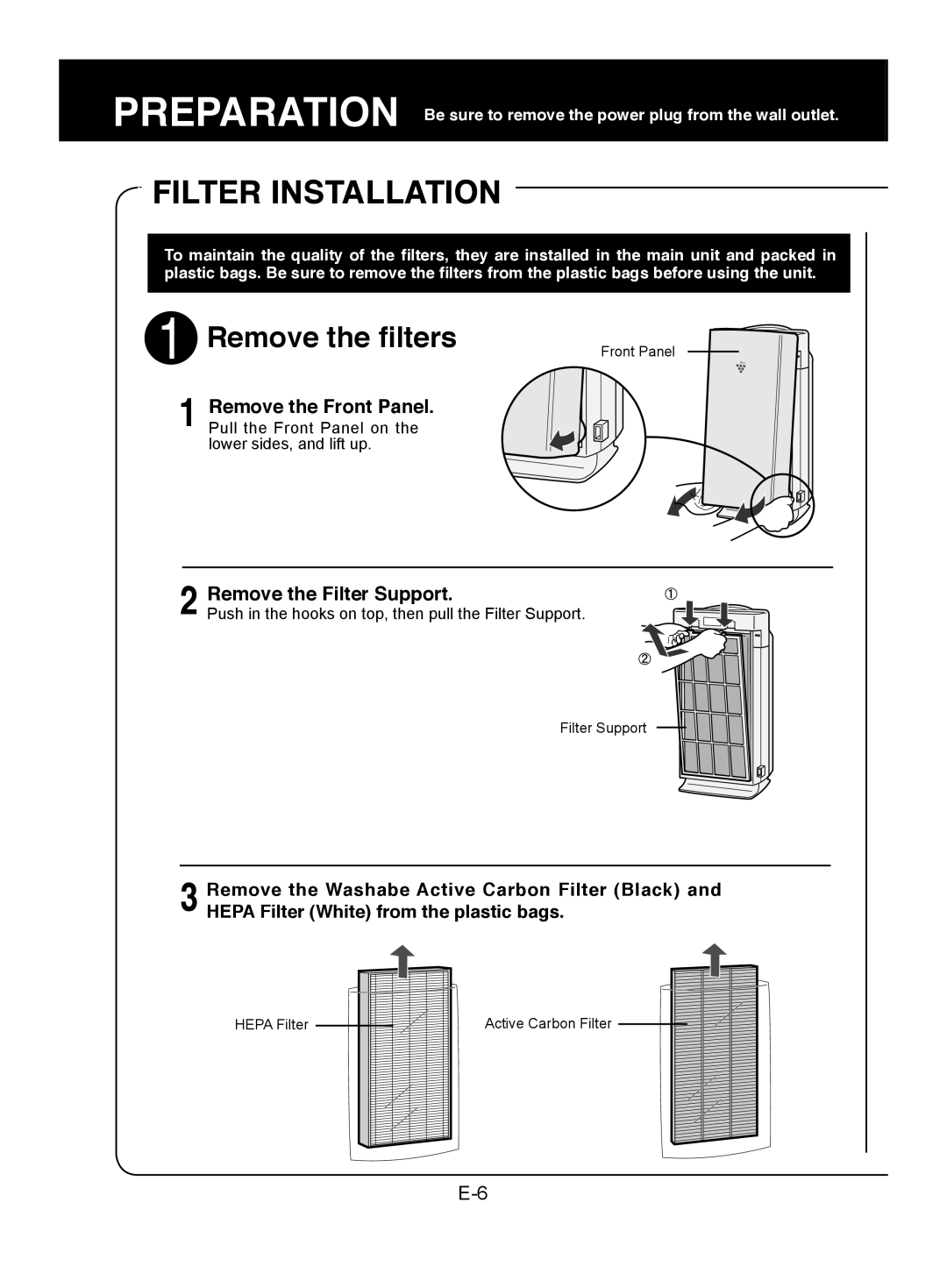Sharp FU-W43E, FU-W53E Filter Installation, Remove the filters, Remove the Front Panel, Remove the Filter Support 