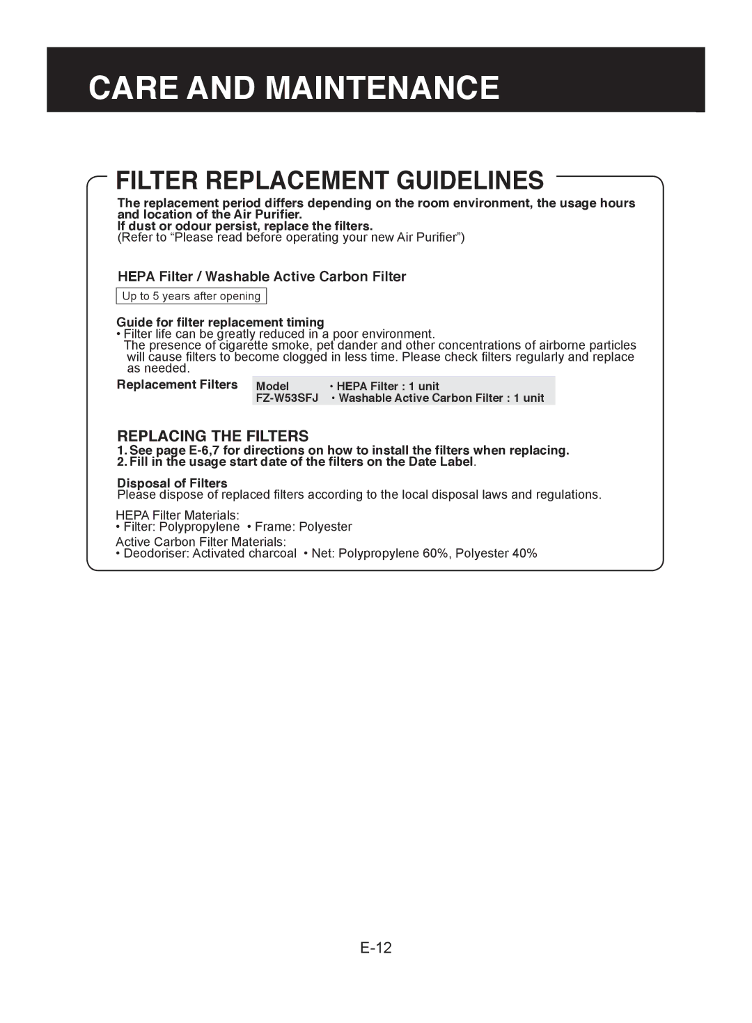 Sharp FU-W53J operation manual Filter Replacement Guidelines, Hepa Filter / Washable Active Carbon Filter 