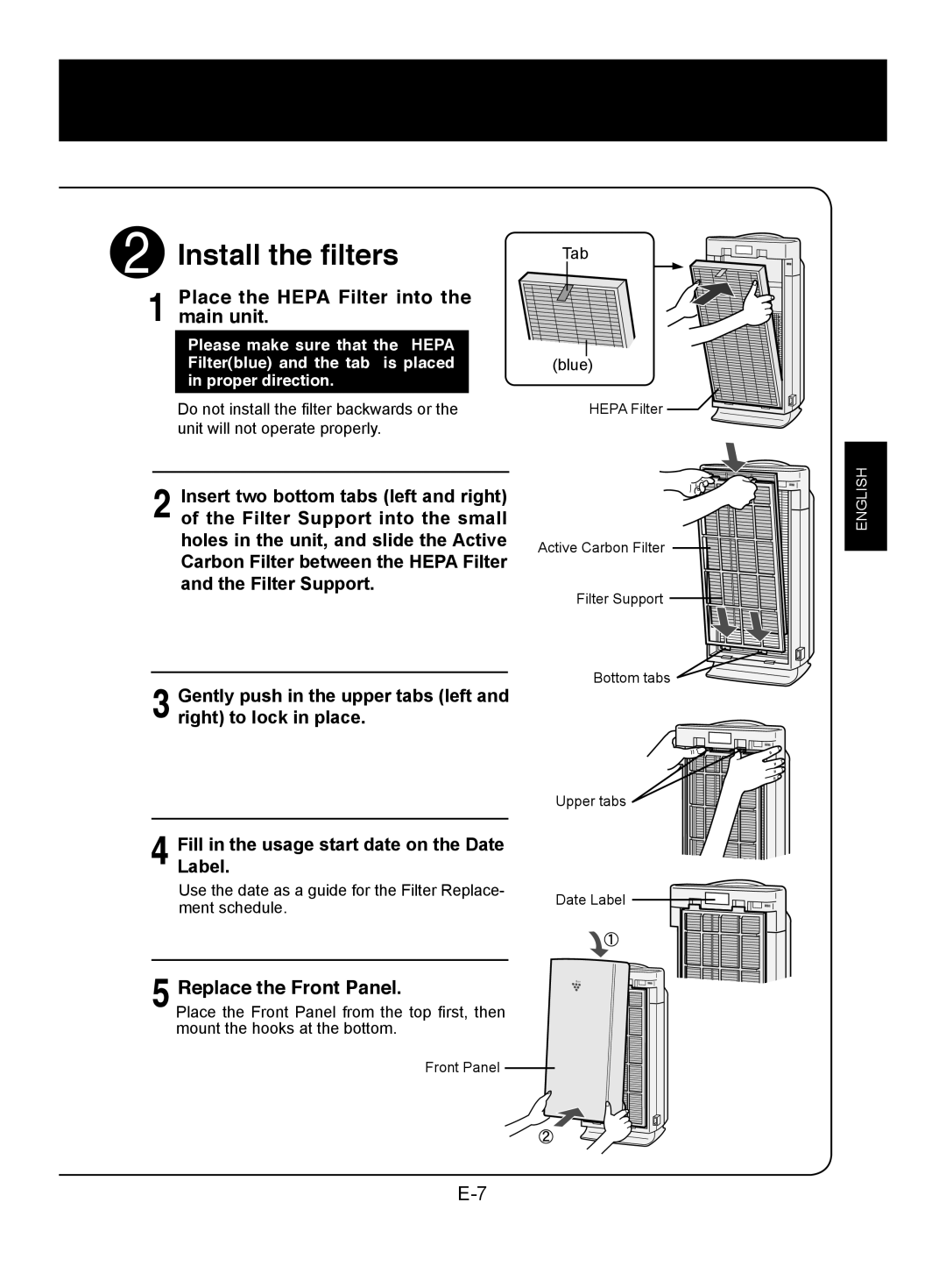 Sharp FU-W53J operation manual Place the Hepa Filter into, Main unit, Replace the Front Panel 