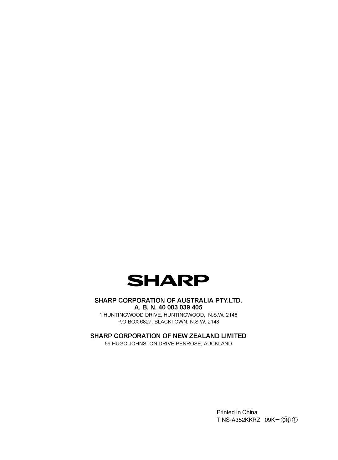 Sharp FU-W53J operation manual A. B. N, Sharp Corporation Of New Zealand Limited, Huntingwood Drive, Huntingwood, N.S.W 
