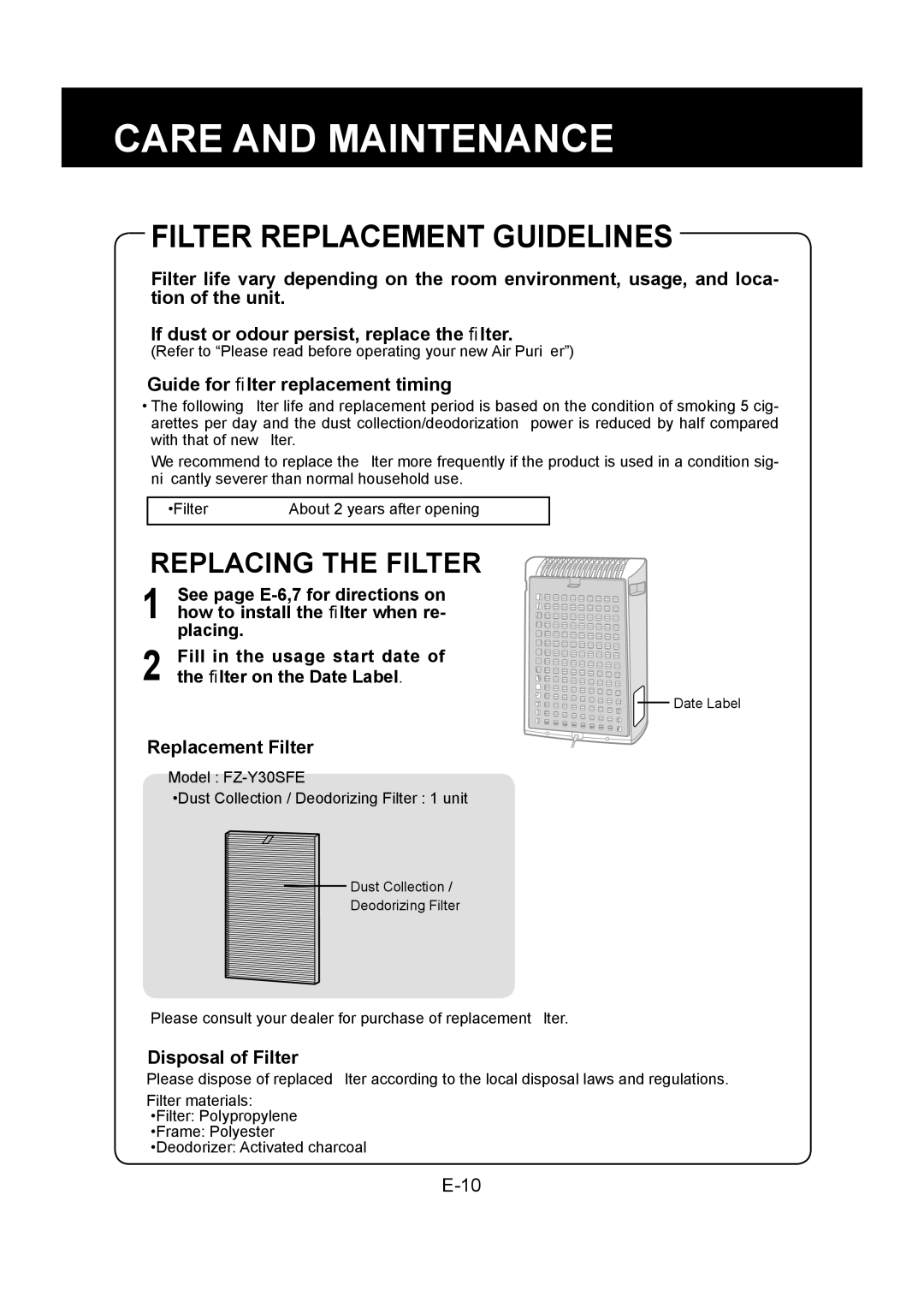 Sharp FU-Y30EU Filter Replacement Guidelines, Replacing the Filter, Guide for ﬁlter replacement timing, Replacement Filter 