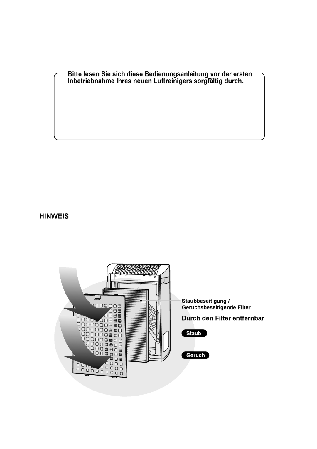 Sharp FU-Y30EU operation manual Durch den Filter entfernbar, Staubbeseitigung Geruchsbeseitigende Filter 