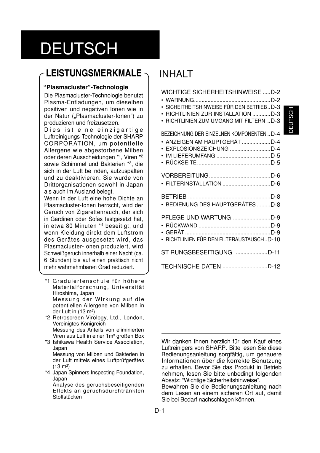 Sharp FU-Y30EU operation manual Inhalt, Richtlinien ZUR Installation 