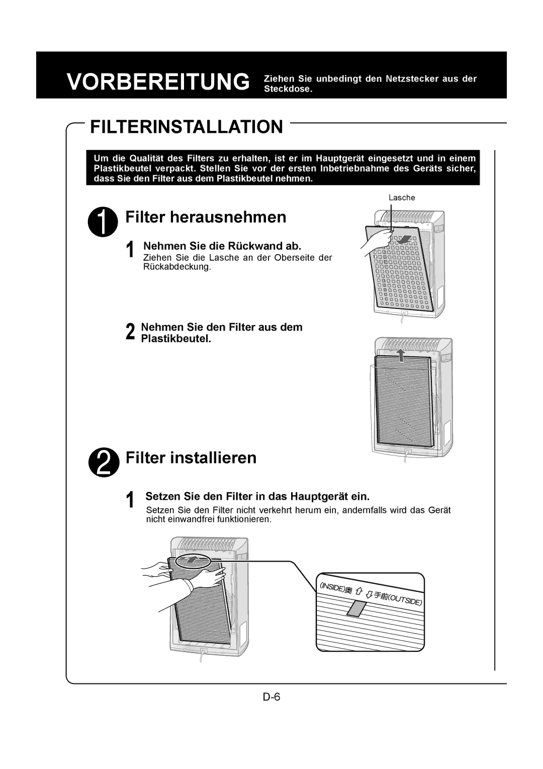 Sharp FU-Y30EU operation manual Filterinstallation, Nehmen Sie den Filter aus dem Plastikbeutel 