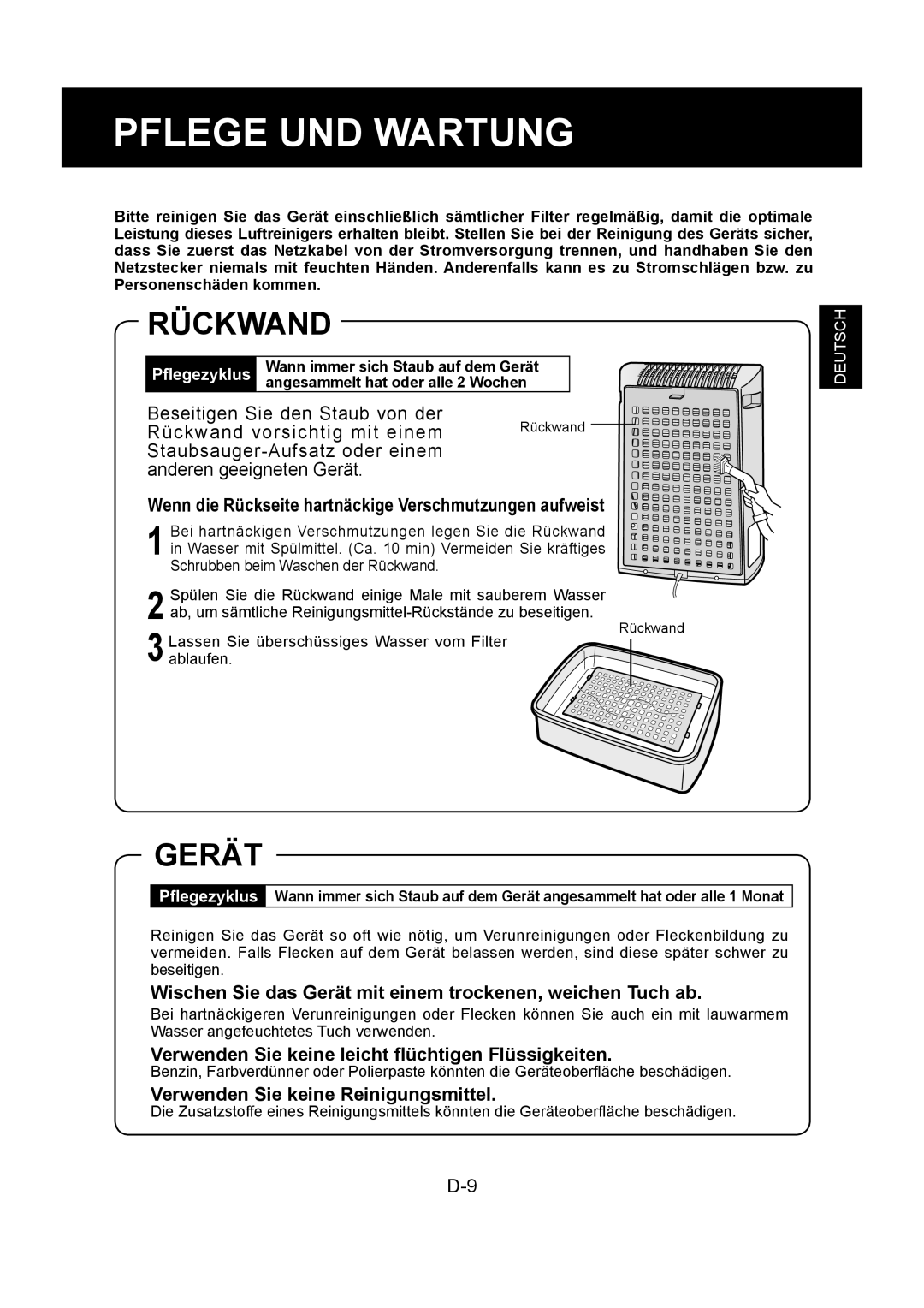 Sharp FU-Y30EU operation manual Pflege UND Wartung, Rückwand, Gerät 