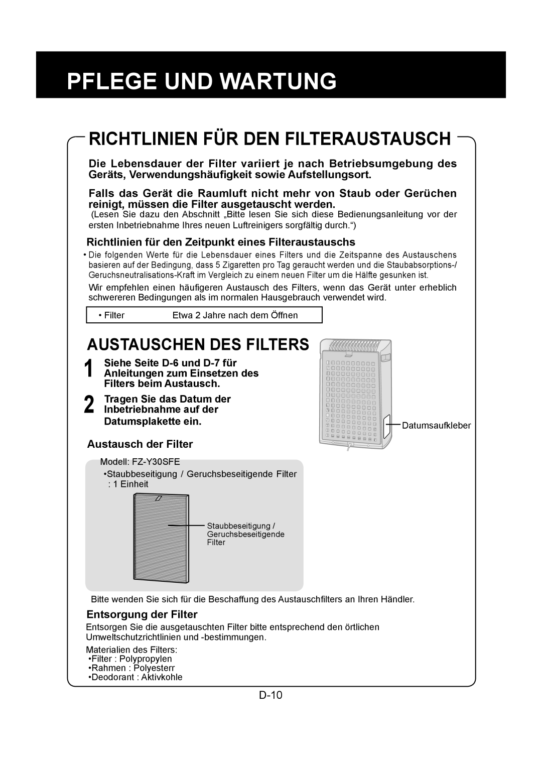 Sharp FU-Y30EU Richtlinien FÜR DEN Filteraustausch, Austauschen DES Filters, Austausch der Filter, Entsorgung der Filter 