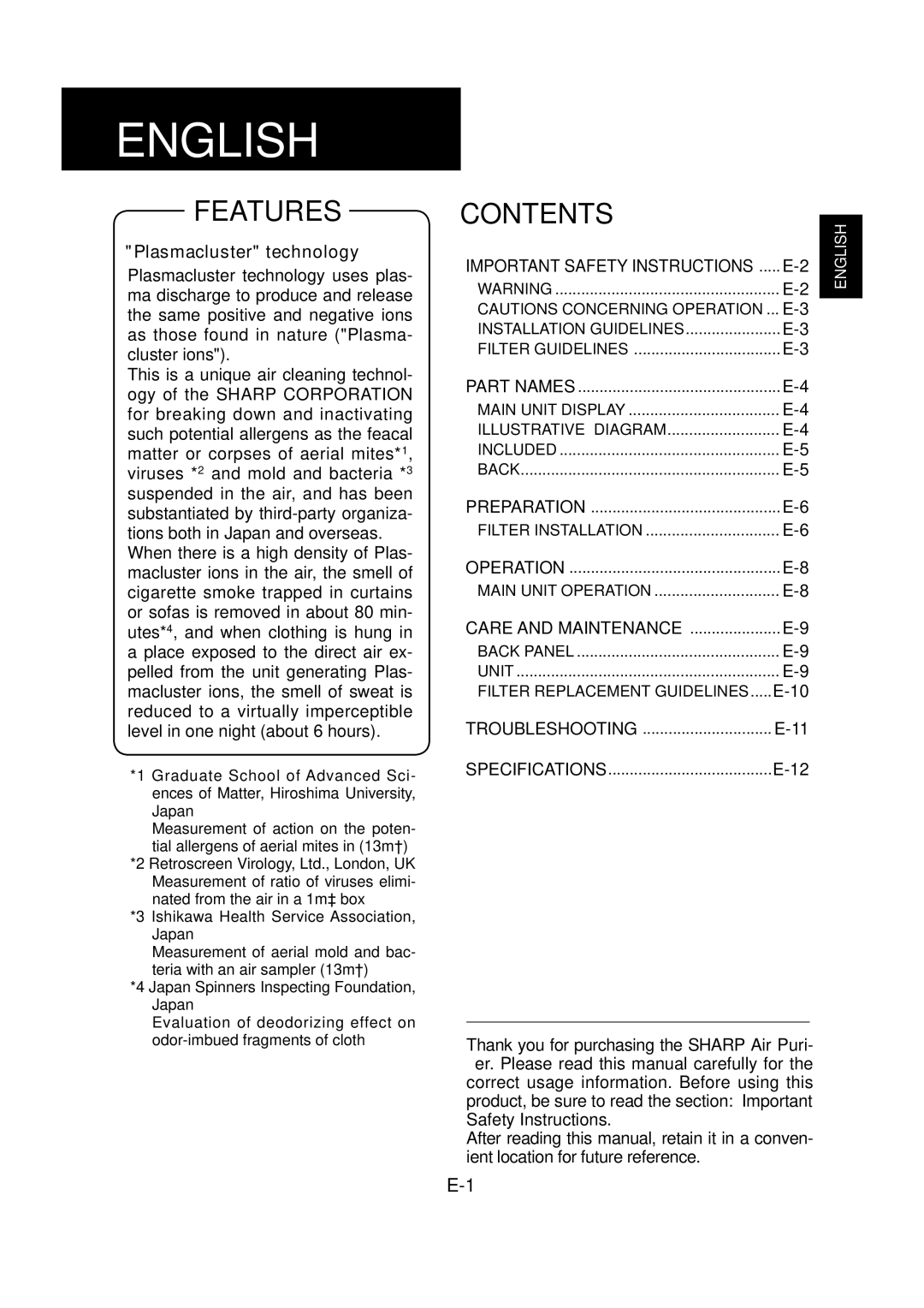 Sharp FU-Y30EU operation manual English, Contents 