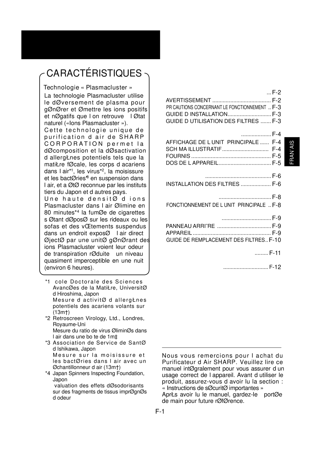 Sharp FU-Y30EU operation manual Table DES Matières, Guide D’UTILISATION DES Filtres, Affichage DE L’UNITÉ Principale 