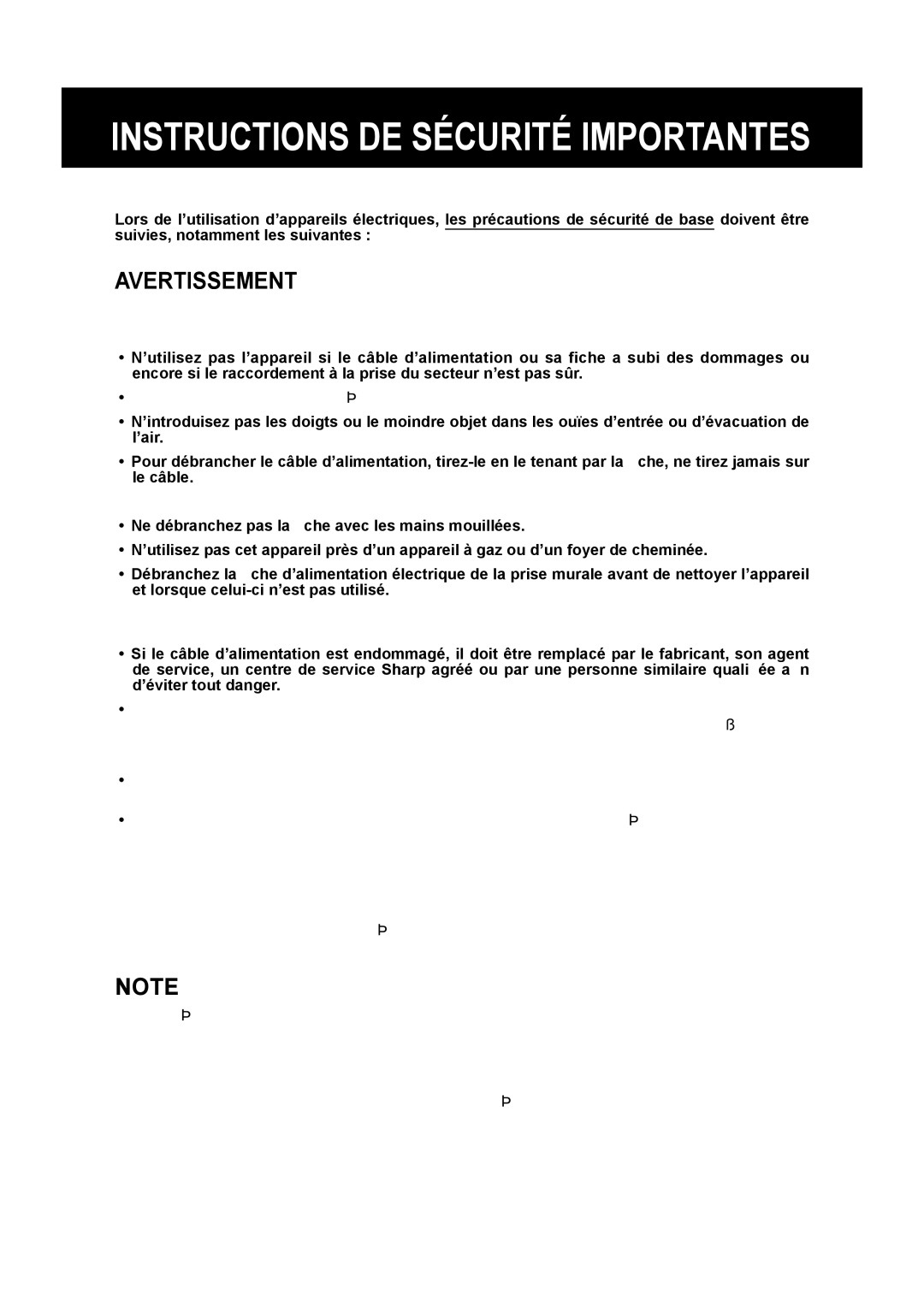 Sharp FU-Y30EU operation manual Instructions DE Sécurité Importantes 