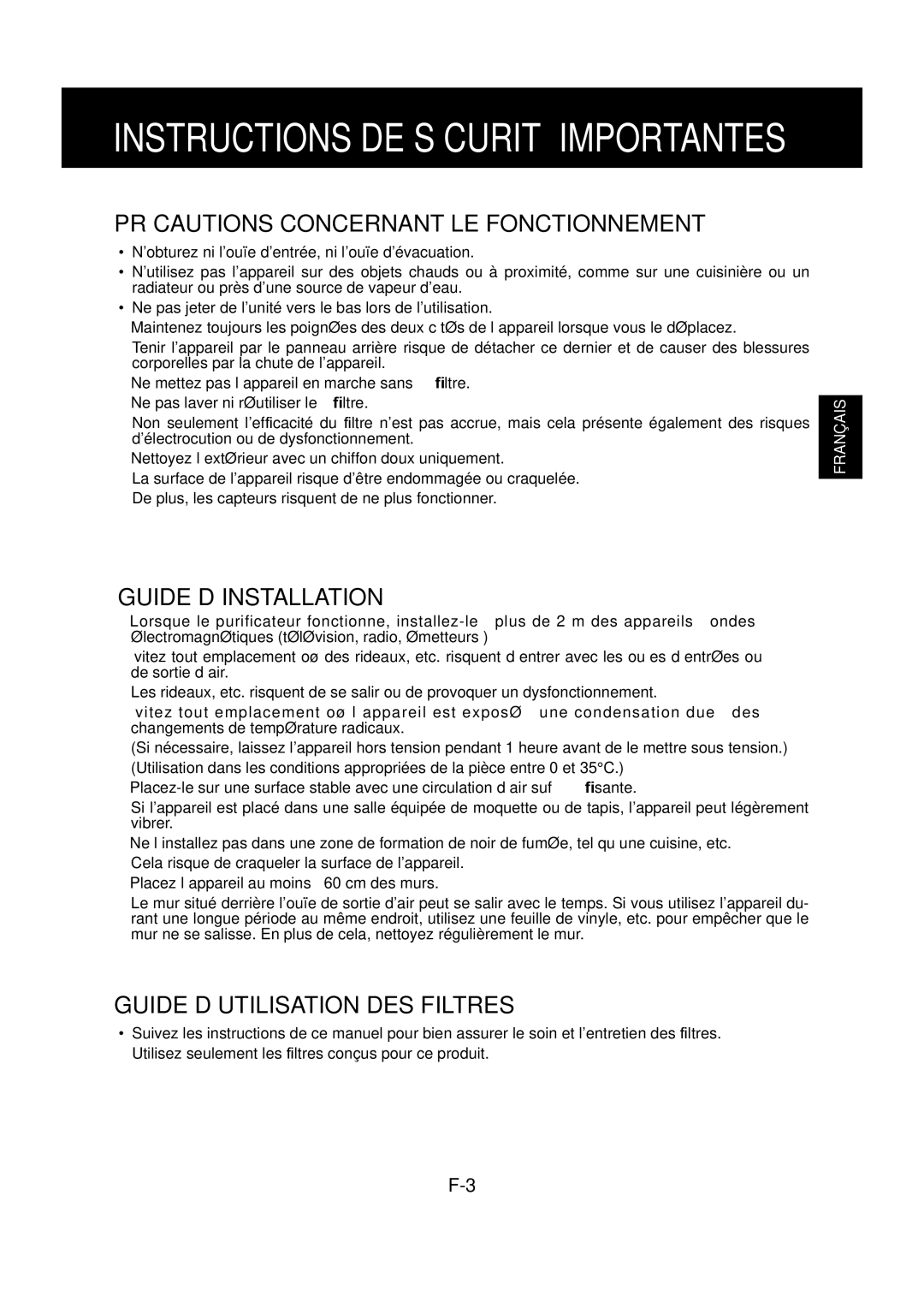 Sharp FU-Y30EU Précautions Concernant LE Fonctionnement, Guide D’INSTALLATION, Guide D’UTILISATION DES Filtres 