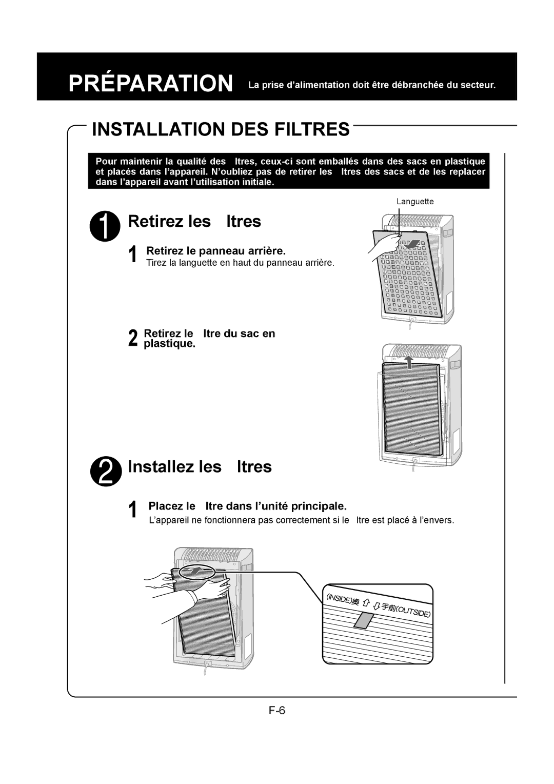 Sharp FU-Y30EU operation manual Installation DES Filtres, Retirez le panneau arrière, Retirez le ﬁltre du sac en plastique 