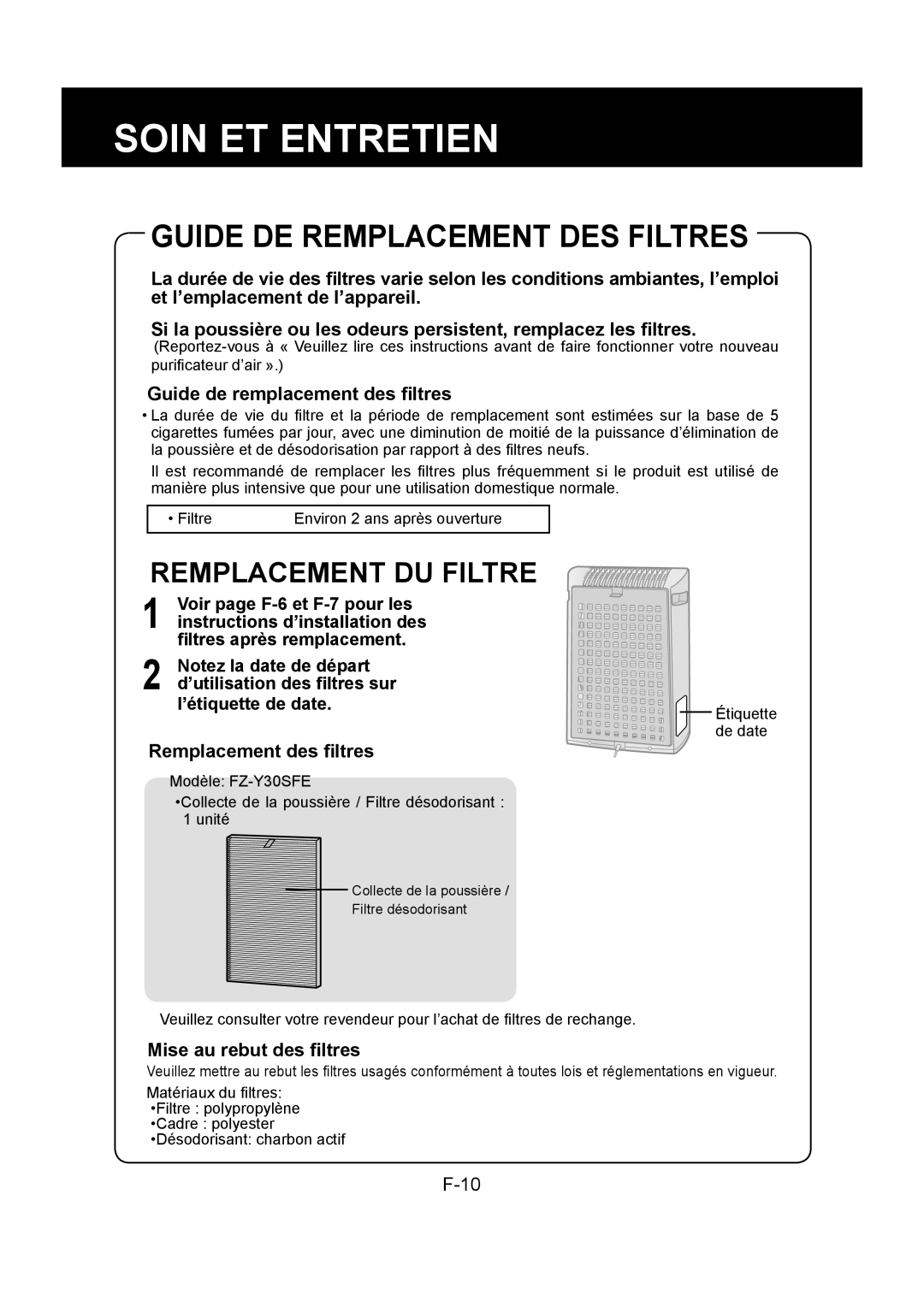 Sharp FU-Y30EU operation manual Guide DE Remplacement DES Filtres, Remplacement DU Filtre, Guide de remplacement des ﬁltres 