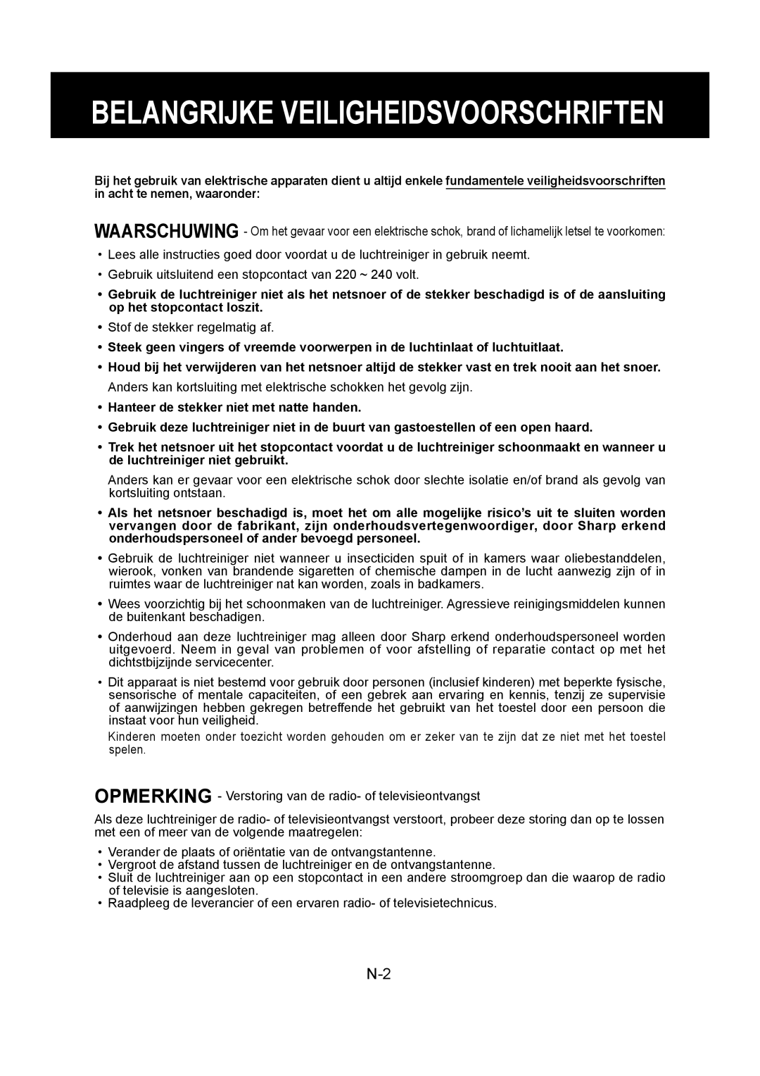 Sharp FU-Y30EU operation manual Belangrijke Veiligheidsvoorschriften 