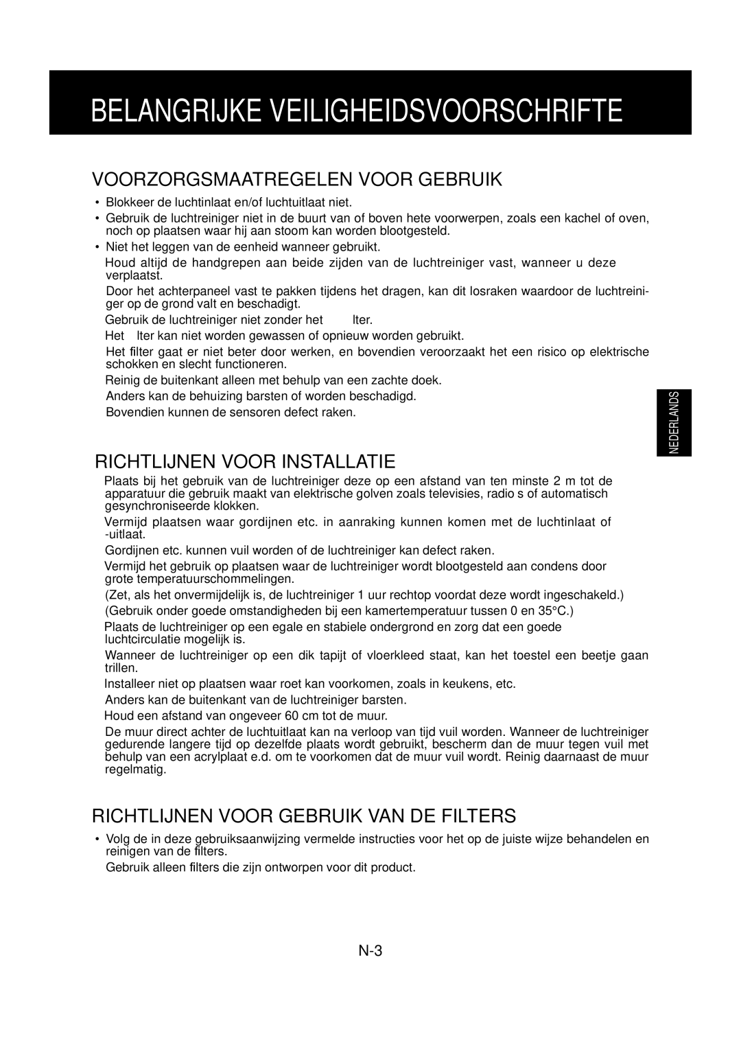 Sharp FU-Y30EU Voorzorgsmaatregelen Voor Gebruik, Richtlijnen Voor Installatie, Richtlijnen Voor Gebruik VAN DE Filters 