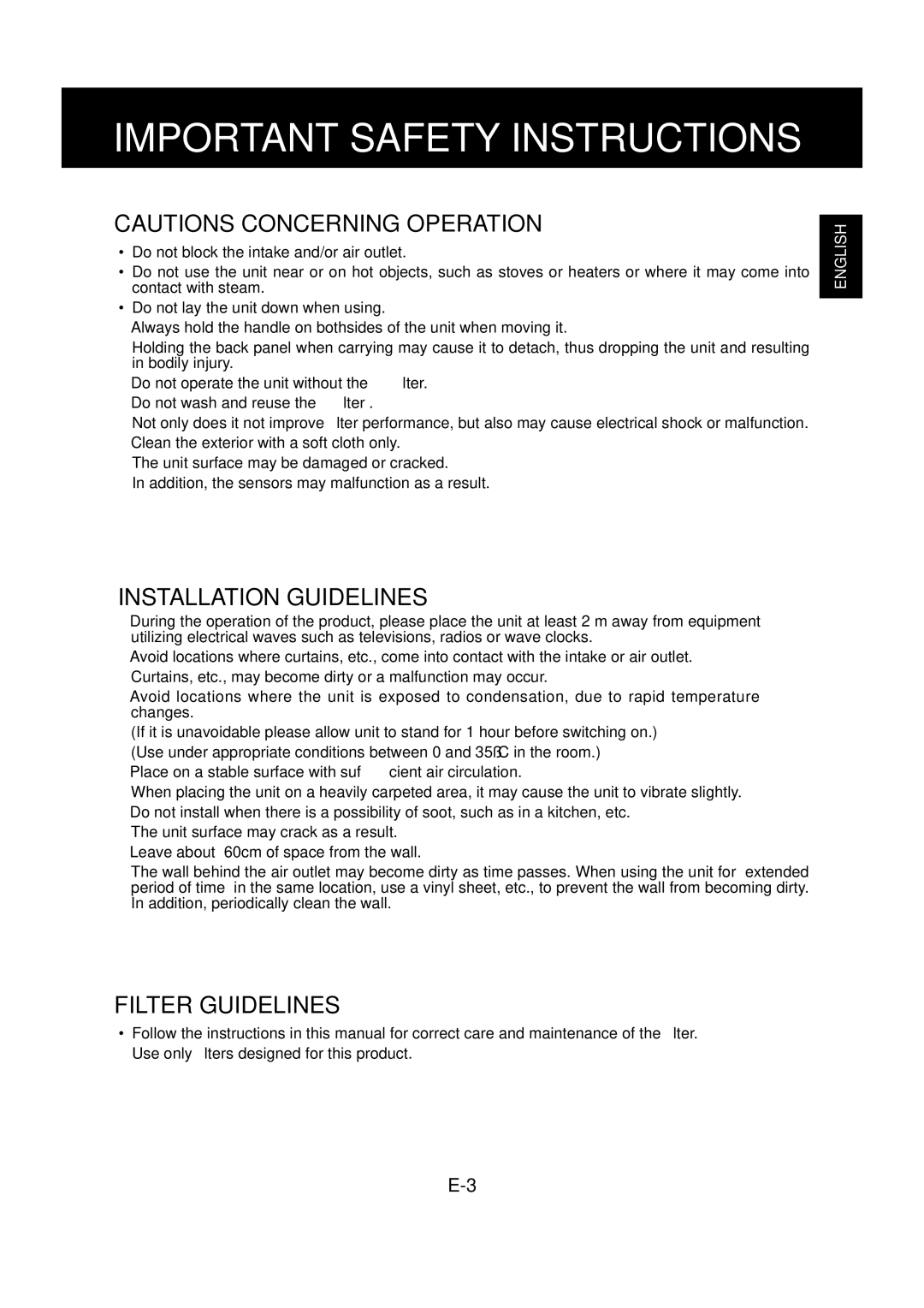 Sharp FU-Y30EU Installation Guidelines, Filter Guidelines, Place on a stable surface with sufﬁcient air circulation 