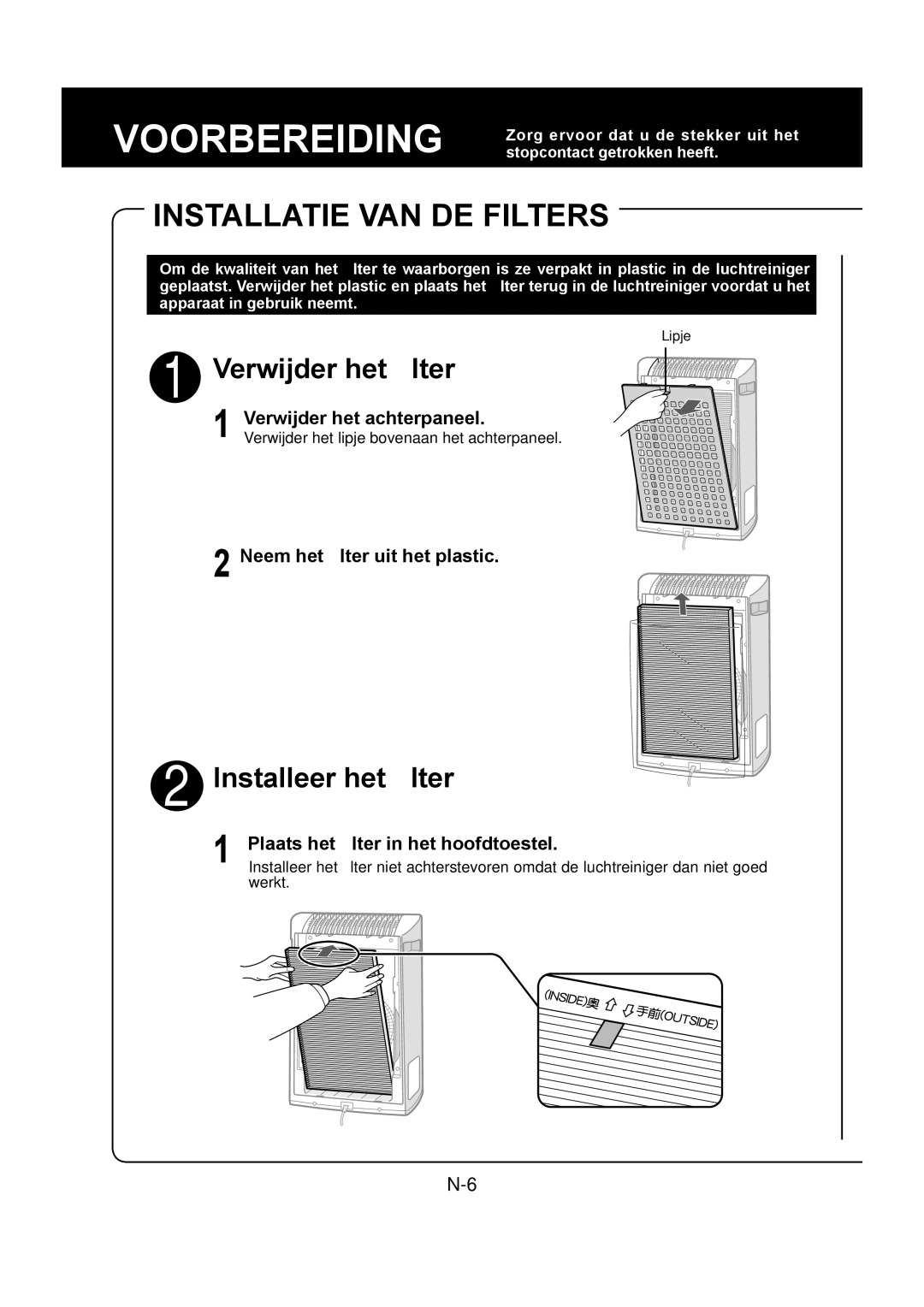 Sharp FU-Y30EU operation manual Installatie VAN DE Filters, Verwijder het achterpaneel, Neem het ﬁlter uit het plastic 