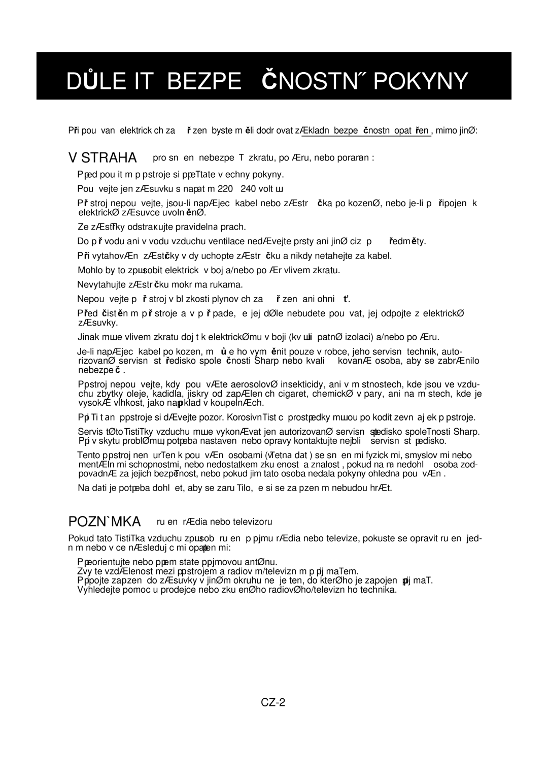 Sharp FU-Y30EU operation manual Důležité Bezpečnostní Pokyny 