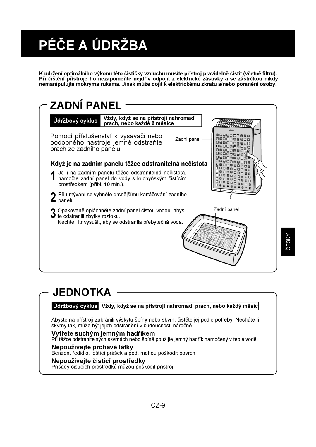 Sharp FU-Y30EU operation manual Péče a Údržba, Zadní Panel, Jednotka 