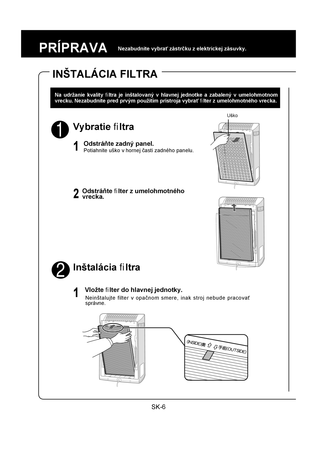 Sharp FU-Y30EU operation manual Inštalácia Filtra, Odstráňte zadný panel, Odstrávrecka.ňte ﬁlter z umelohmotného 